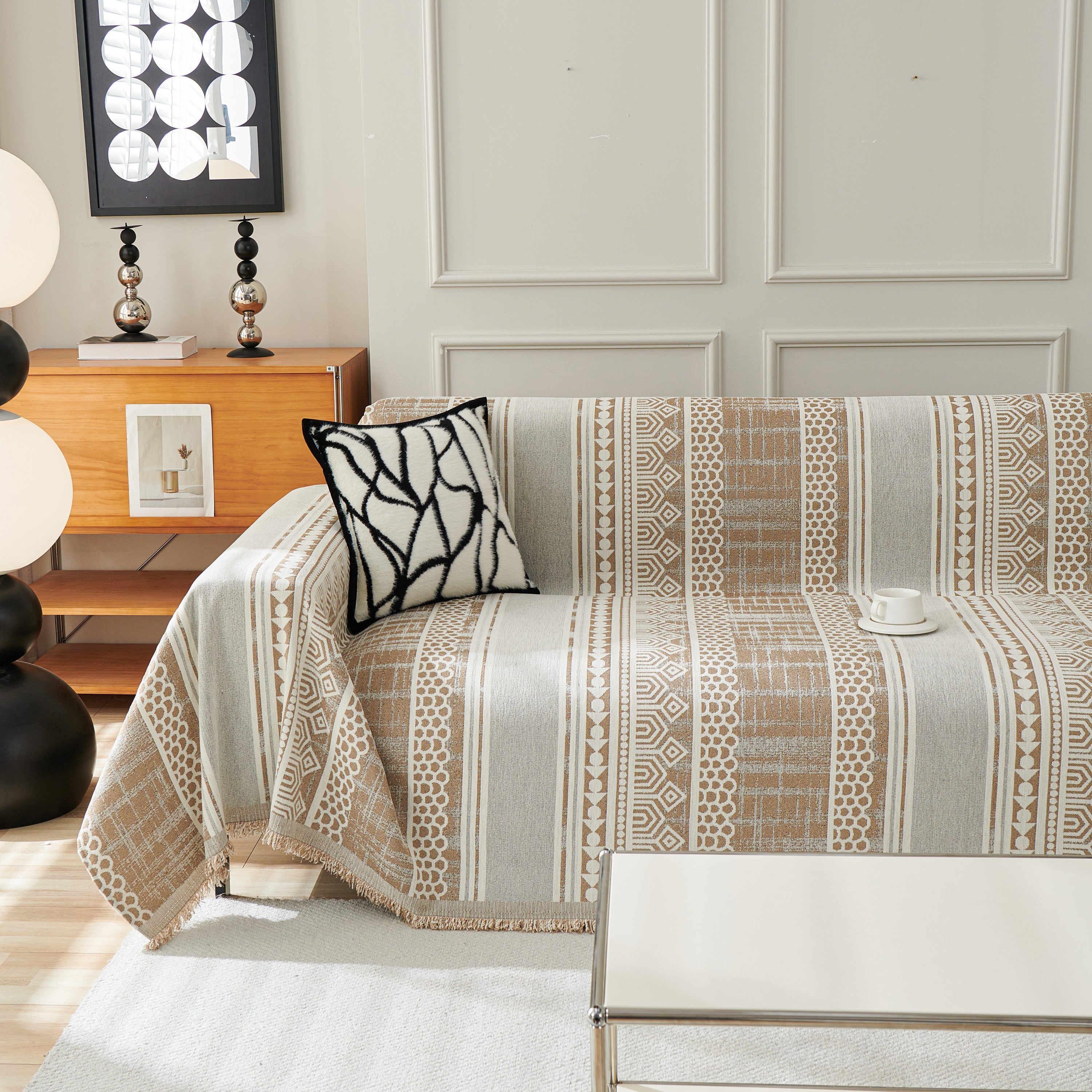 Chenille Sofa Cover Throw Blanket, Boho Geometric Scratch Proof Couch Protector
