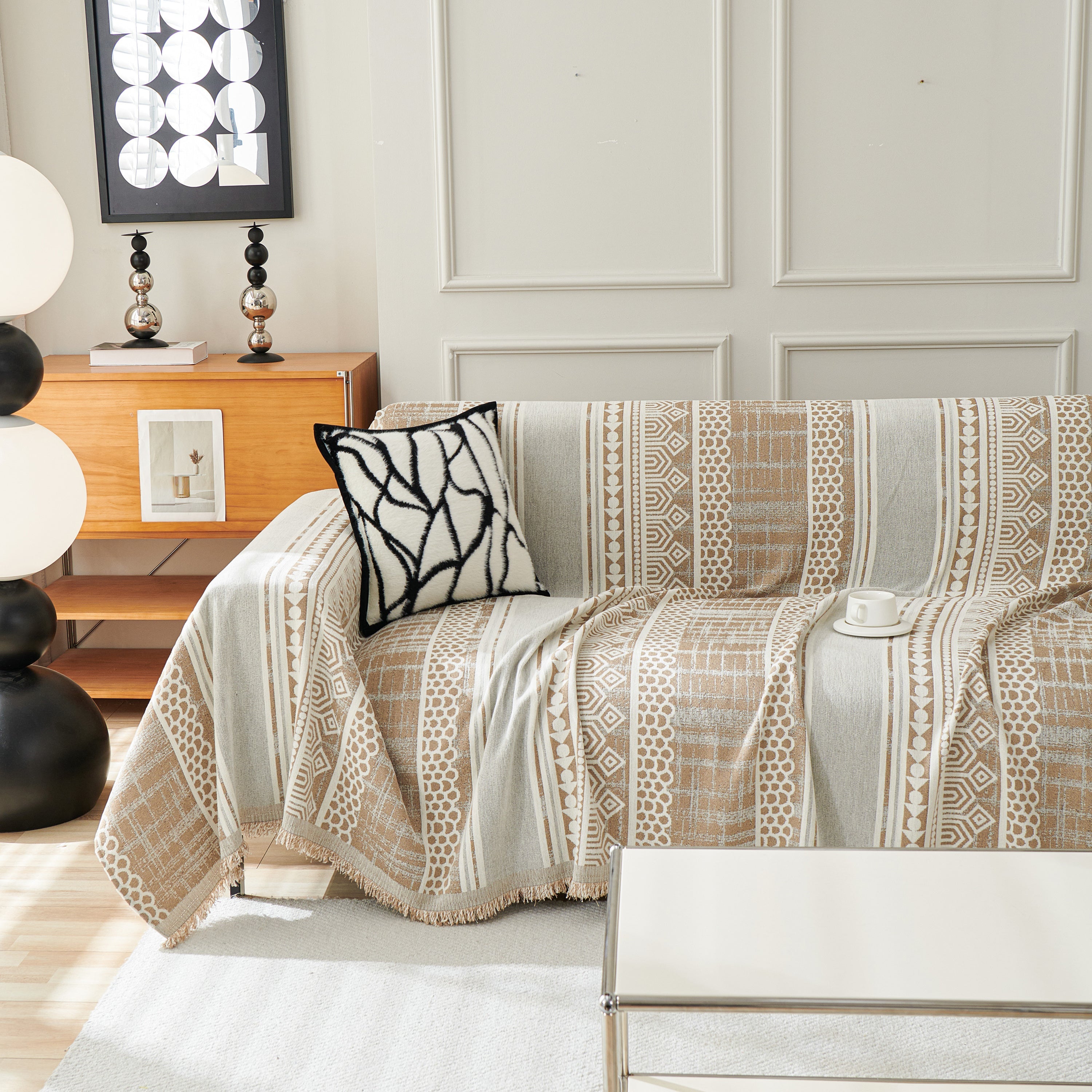 Chenille Sofa Cover Throw Blanket, Boho Geometric Scratch Proof Couch Protector