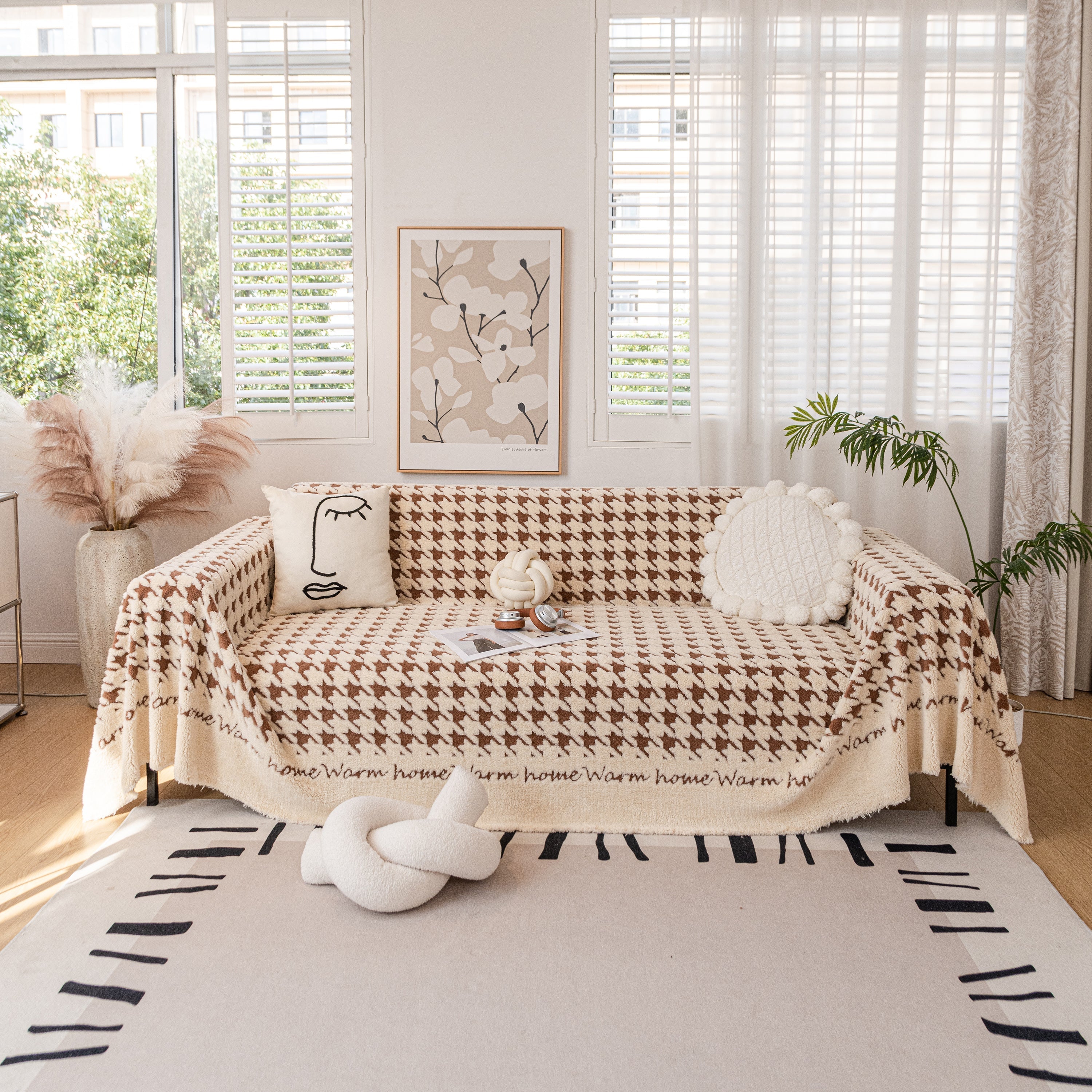 Jacquard Plush Houndstooth Sofa Throw Cover, Cover Throws for Sofas, Stylish Living Room Throws