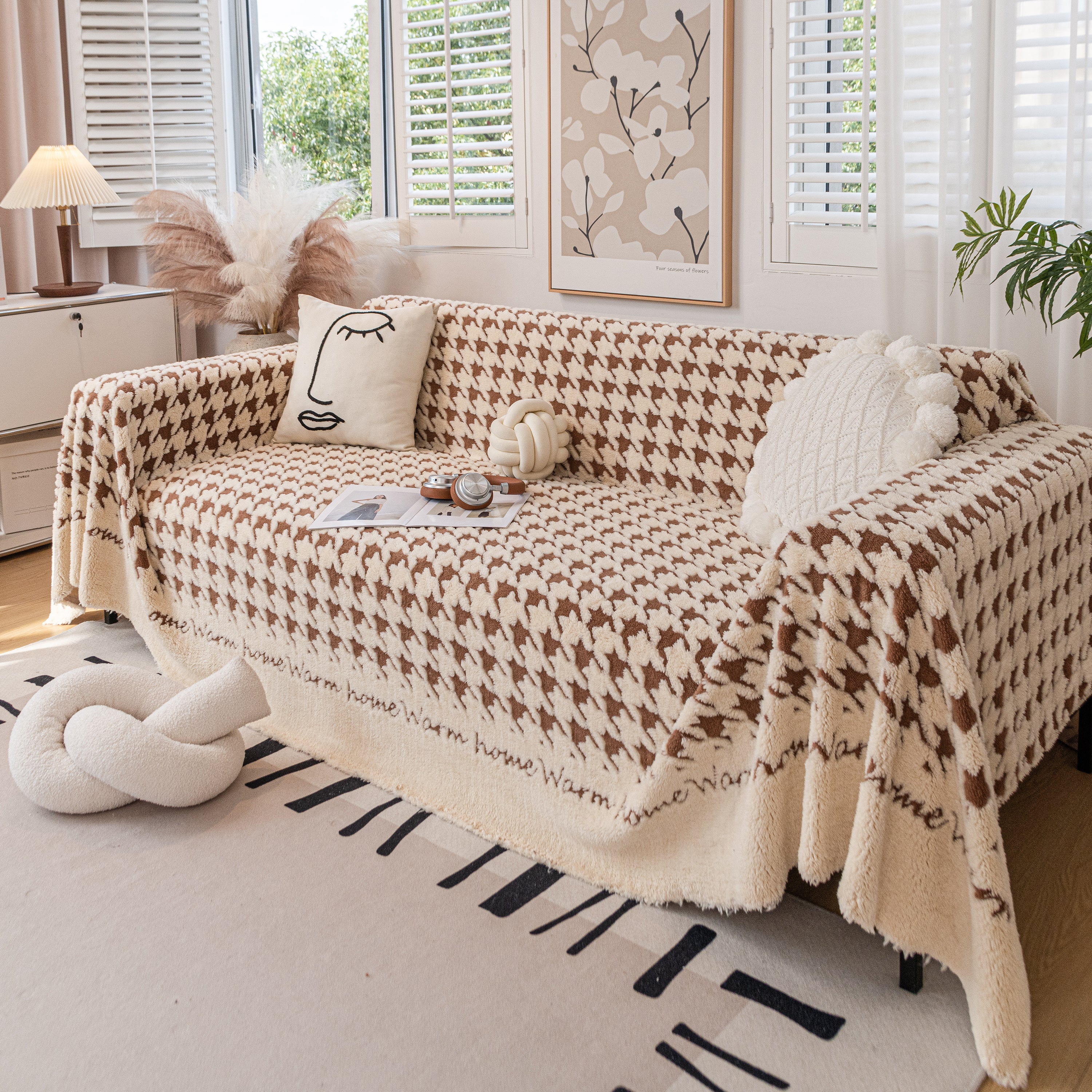 Jacquard Plush Houndstooth Sofa Throw Cover, Cover Throws for Sofas, Stylish Living Room Throws