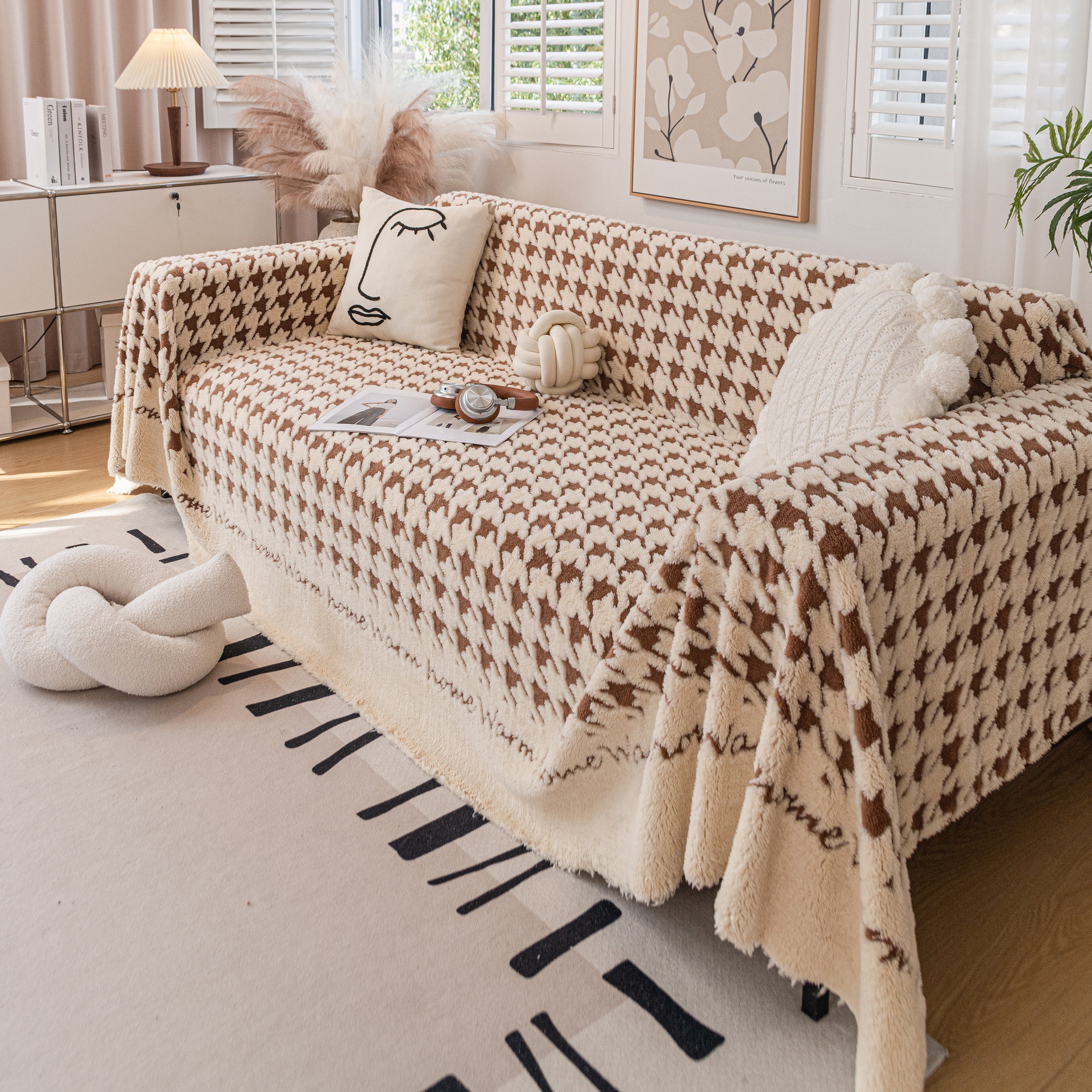 Jacquard Plush Houndstooth Sofa Throw Cover, Cover Throws for Sofas, Stylish Living Room Throws