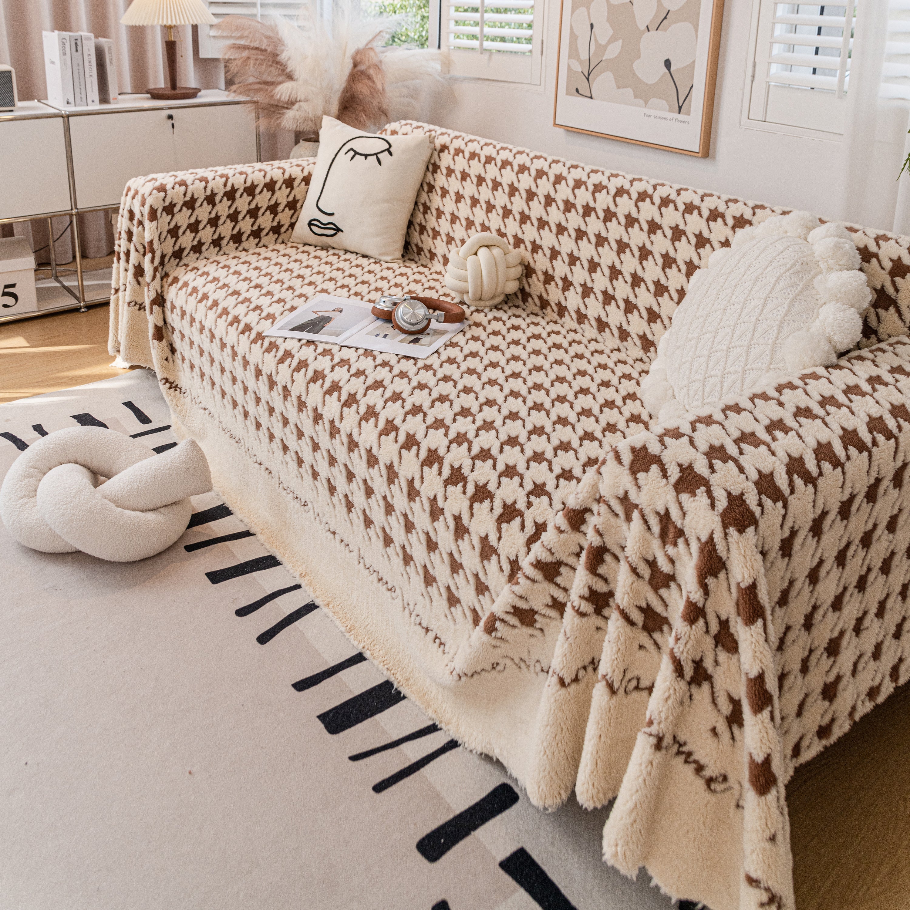 Jacquard Plush Houndstooth Sofa Throw Cover, Cover Throws for Sofas, Stylish Living Room Throws