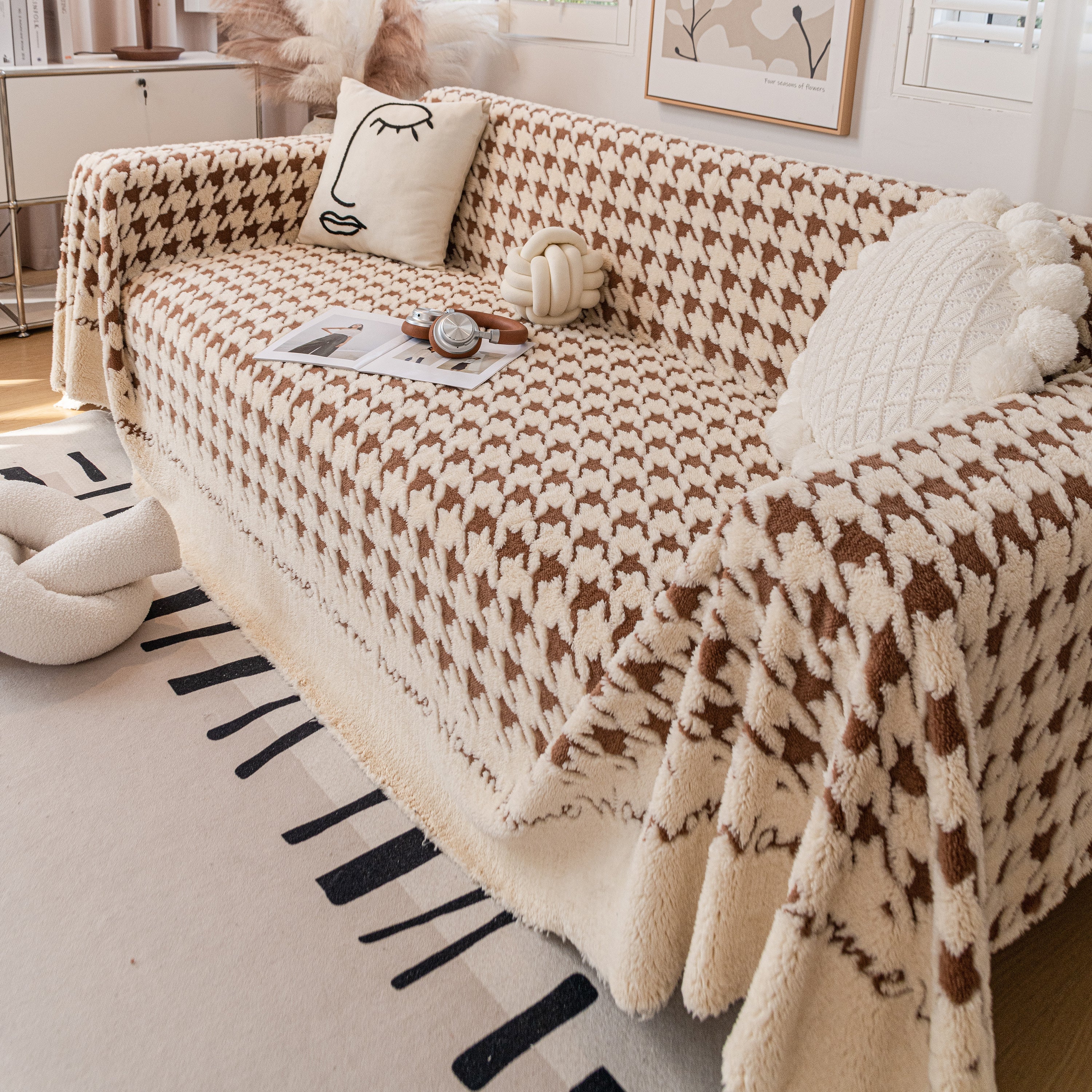 Jacquard Plush Houndstooth Sofa Throw Cover, Cover Throws for Sofas, Stylish Living Room Throws