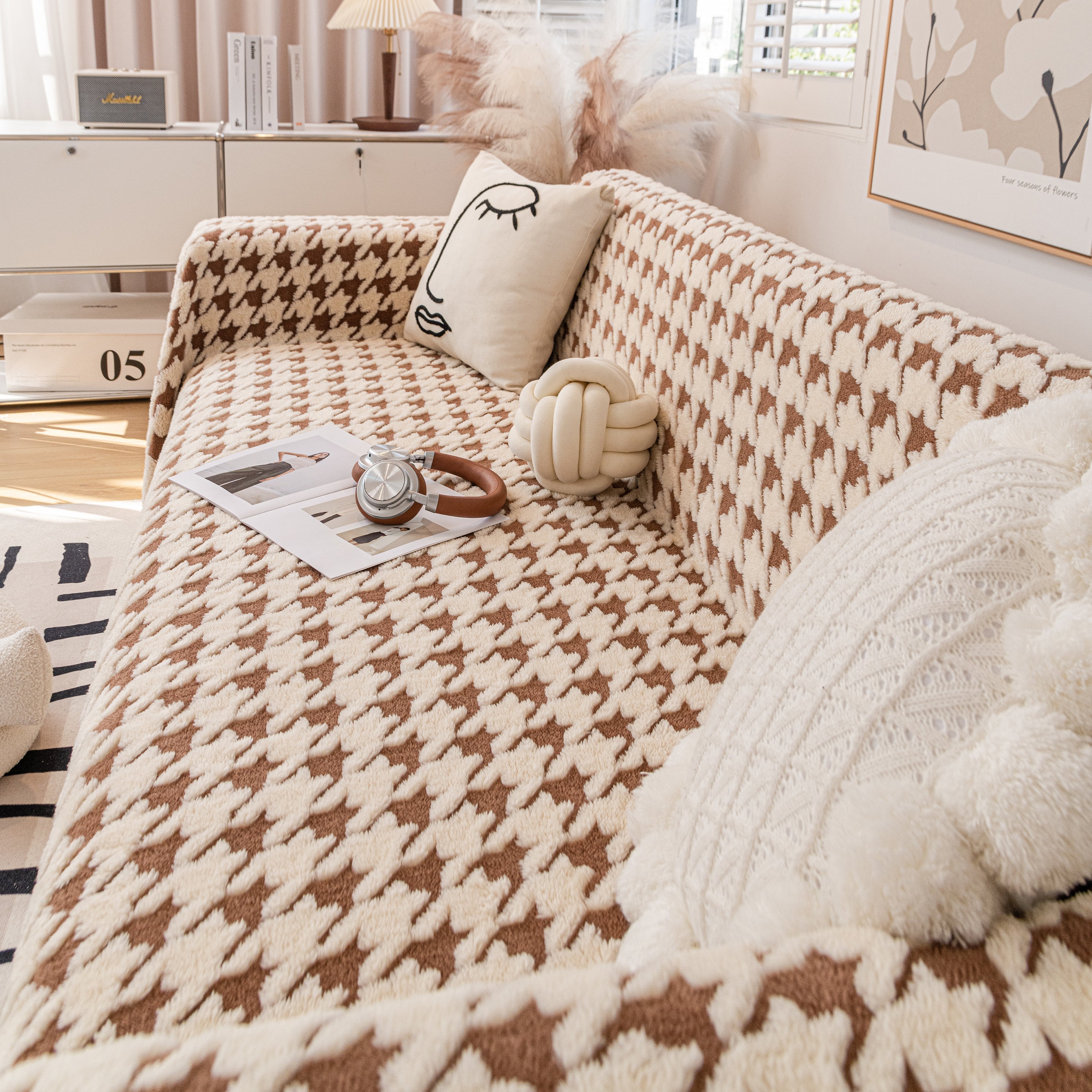 Jacquard Plush Houndstooth Sofa Throw Cover, Cover Throws for Sofas, Stylish Living Room Throws