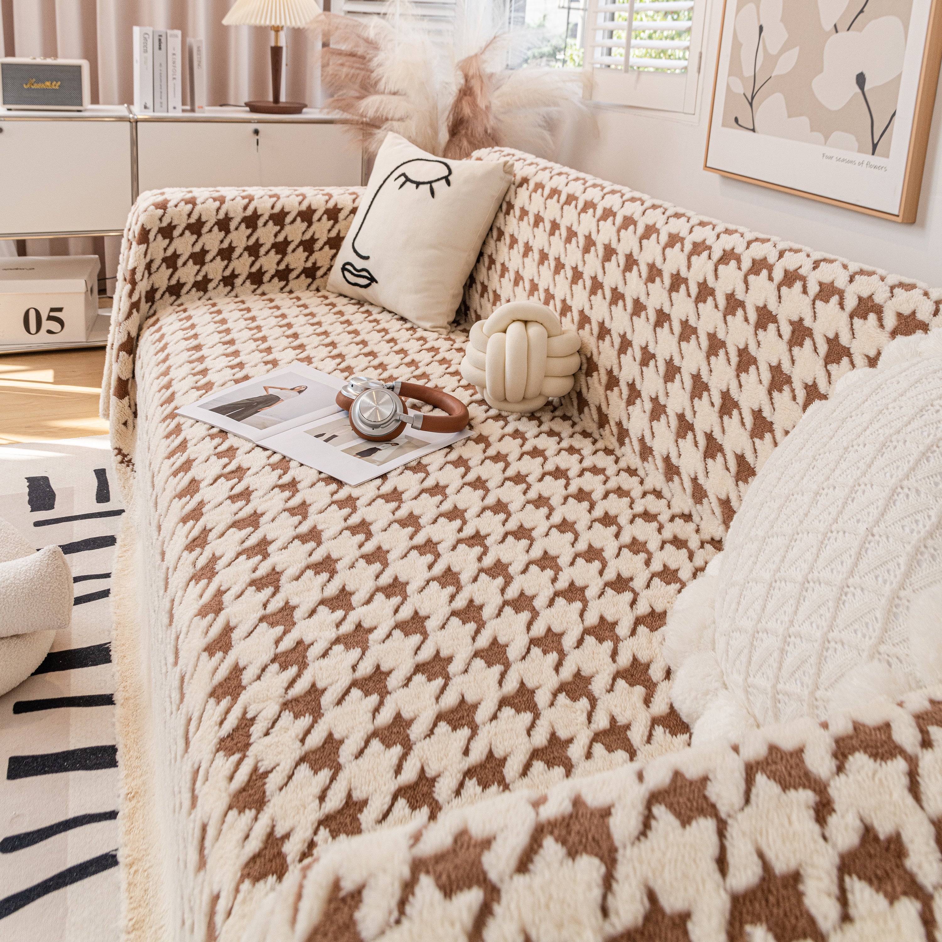 Jacquard Plush Houndstooth Sofa Throw Cover, Cover Throws for Sofas, Stylish Living Room Throws