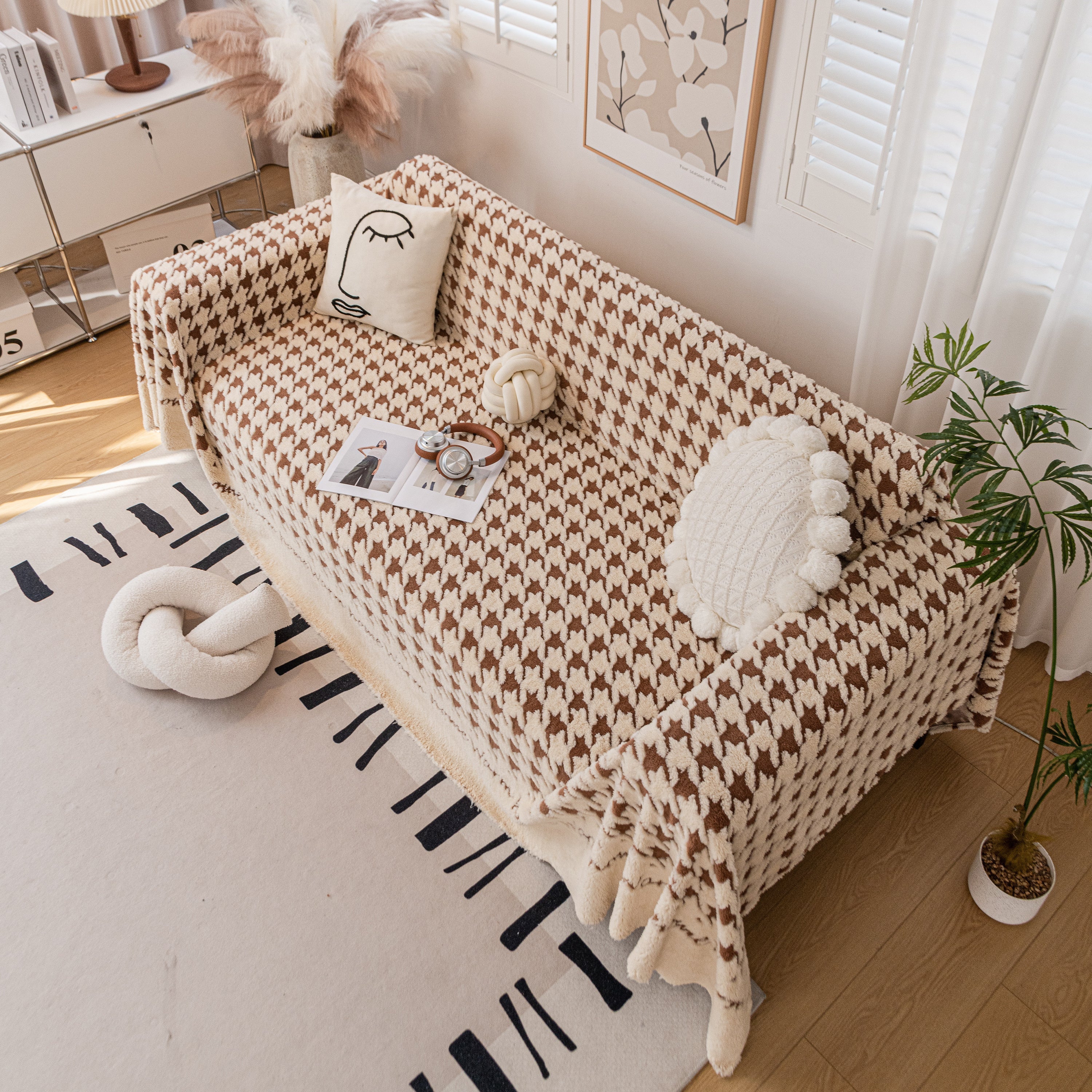 Jacquard Plush Houndstooth Sofa Throw Cover, Cover Throws for Sofas, Stylish Living Room Throws