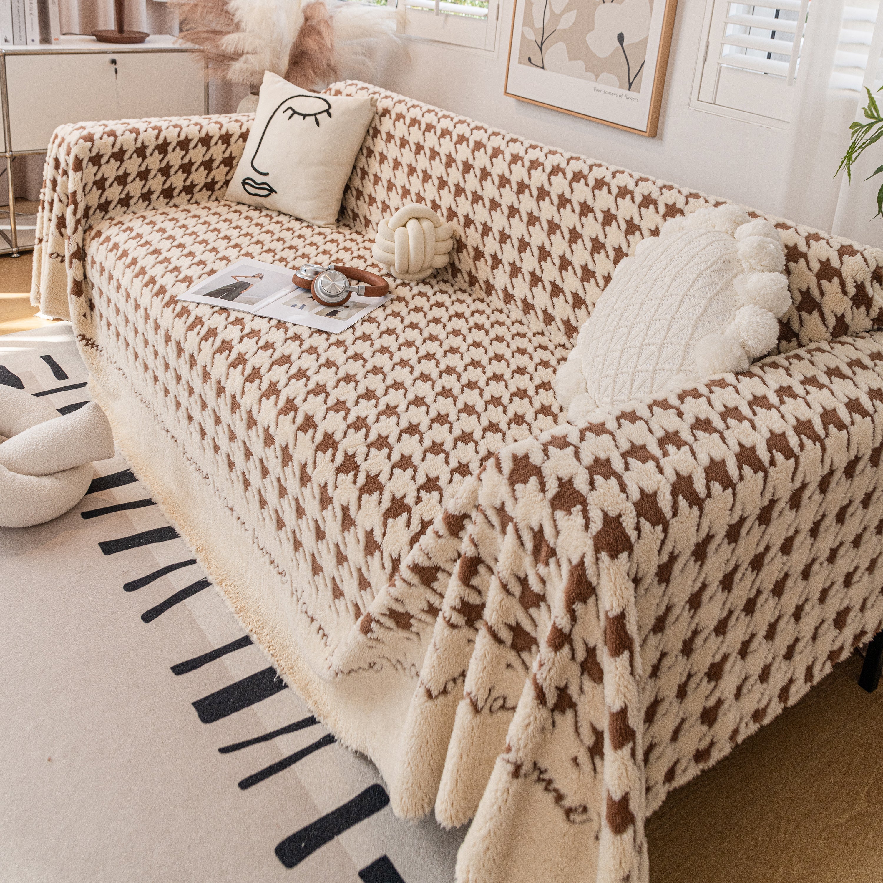 Jacquard Plush Houndstooth Sofa Throw Cover, Cover Throws for Sofas, Stylish Living Room Throws