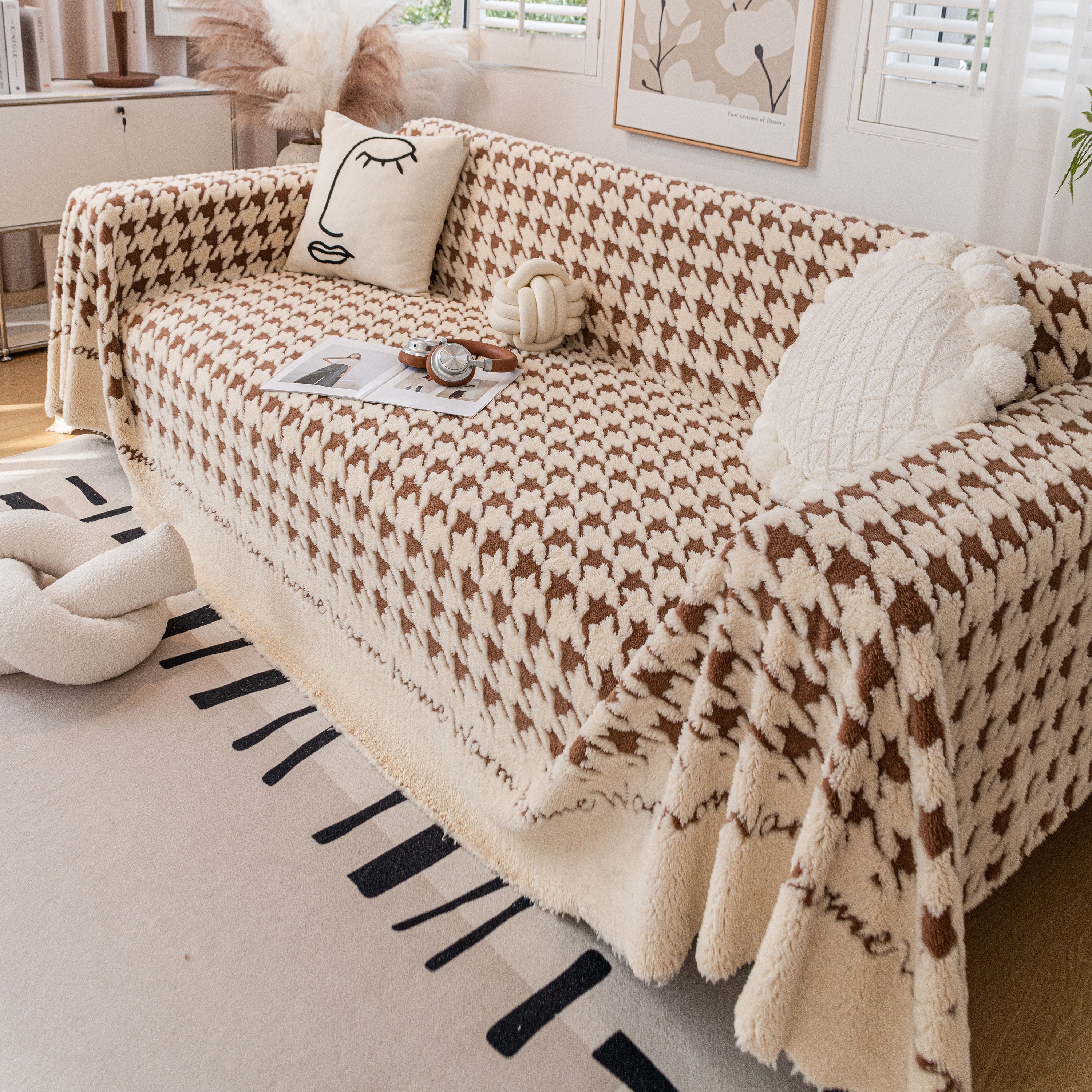 Jacquard Plush Houndstooth Sofa Throw Cover, Cover Throws for Sofas, Stylish Living Room Throws
