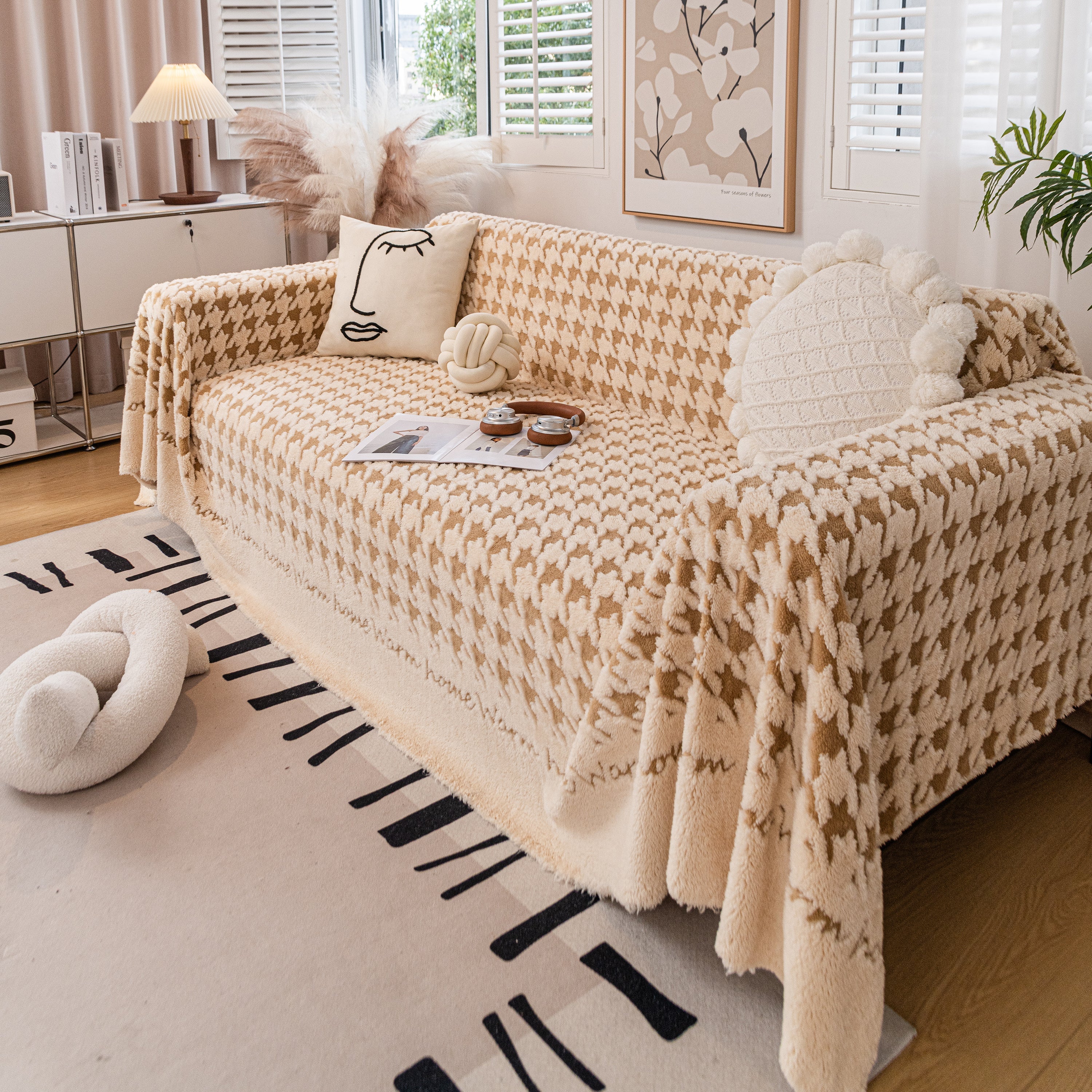 Jacquard Plush Houndstooth Sofa Throw Cover, Cover Throws for Sofas, Stylish Living Room Throws