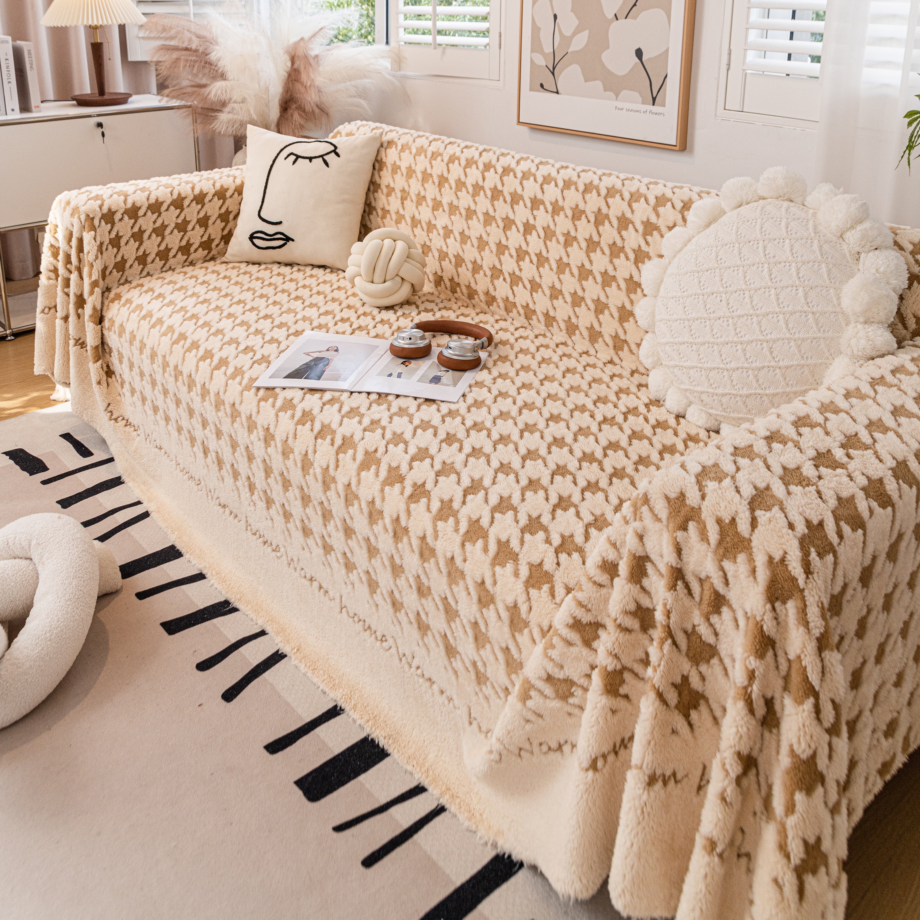 Jacquard Plush Houndstooth Sofa Throw Cover, Cover Throws for Sofas, Stylish Living Room Throws