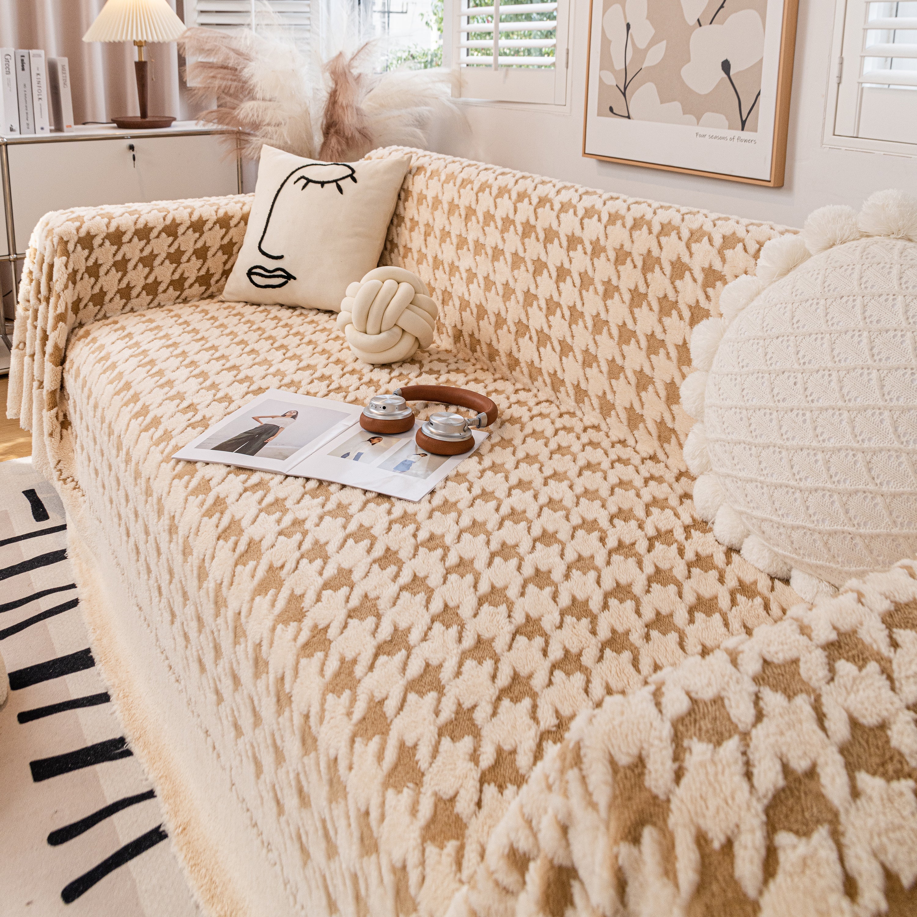 Jacquard Plush Houndstooth Sofa Throw Cover, Cover Throws for Sofas, Stylish Living Room Throws