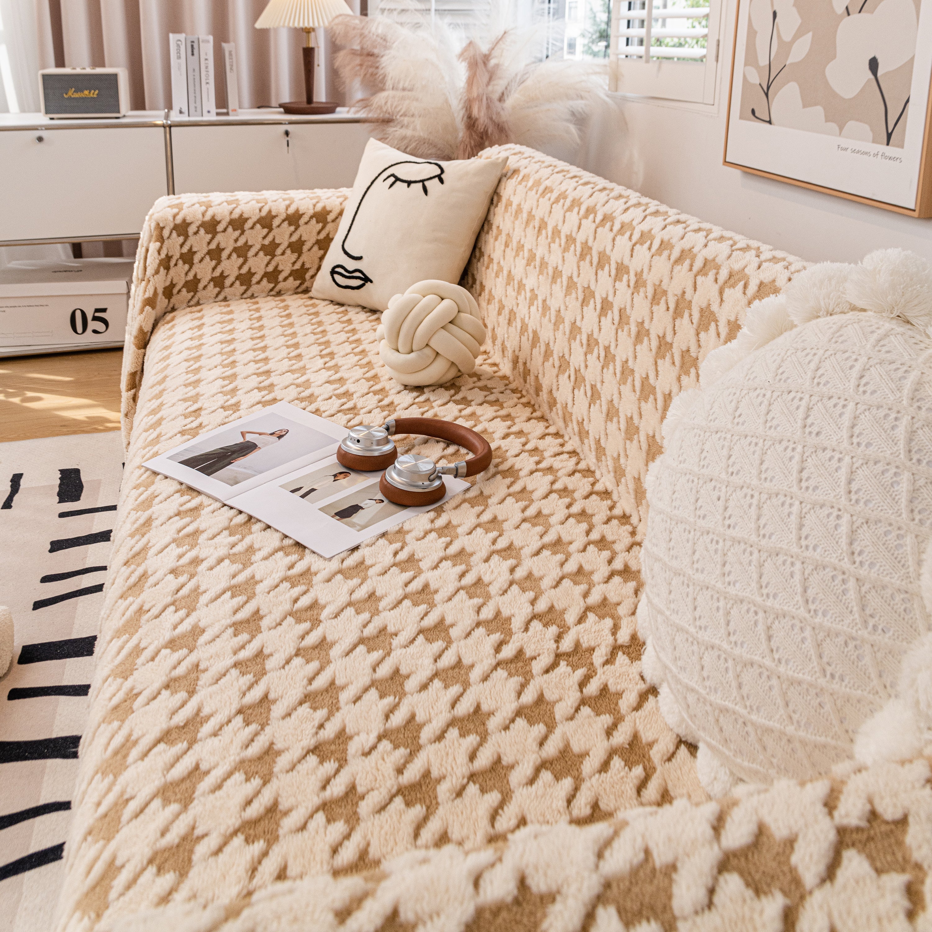 Jacquard Plush Houndstooth Sofa Throw Cover, Cover Throws for Sofas, Stylish Living Room Throws