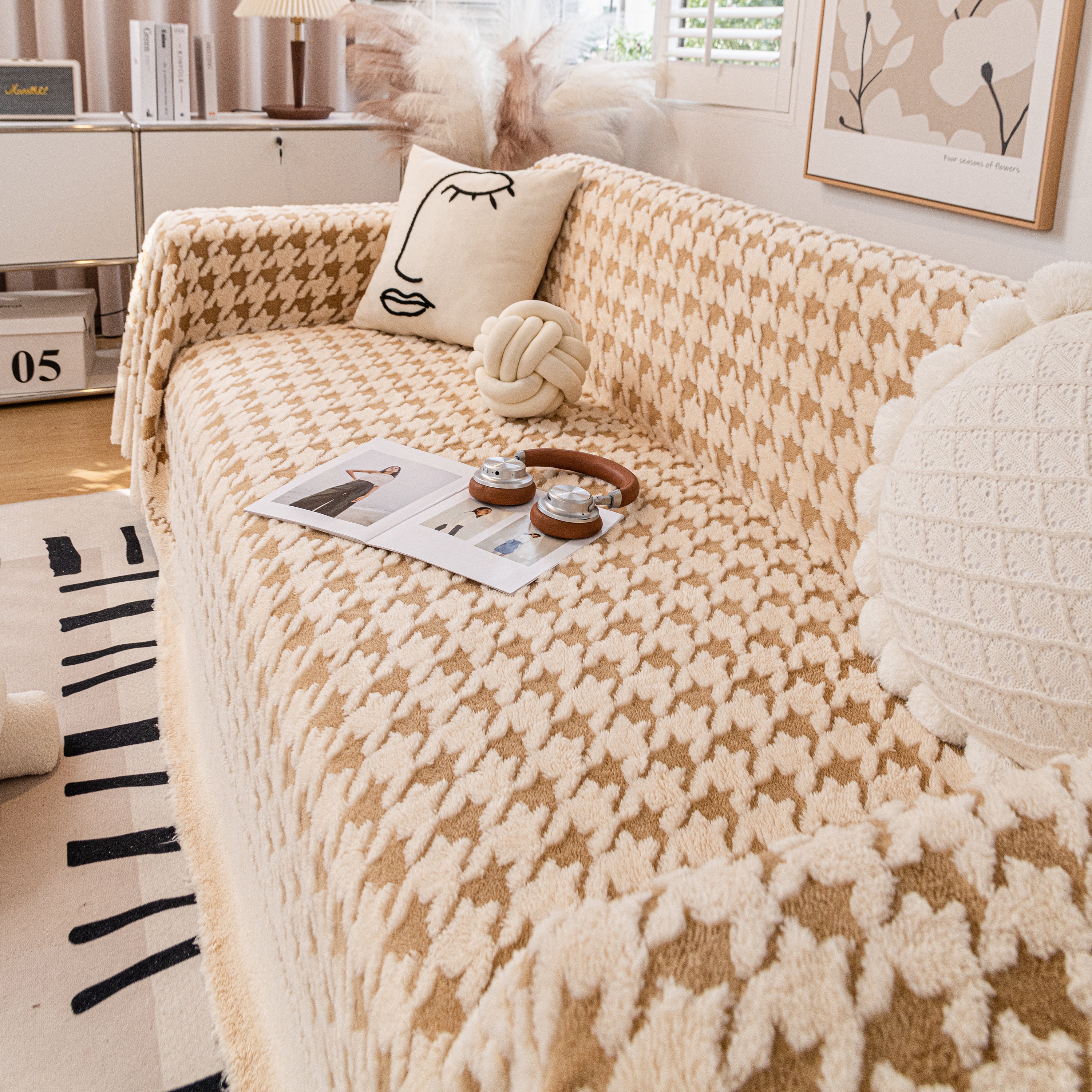 Jacquard Plush Houndstooth Sofa Throw Cover, Cover Throws for Sofas, Stylish Living Room Throws