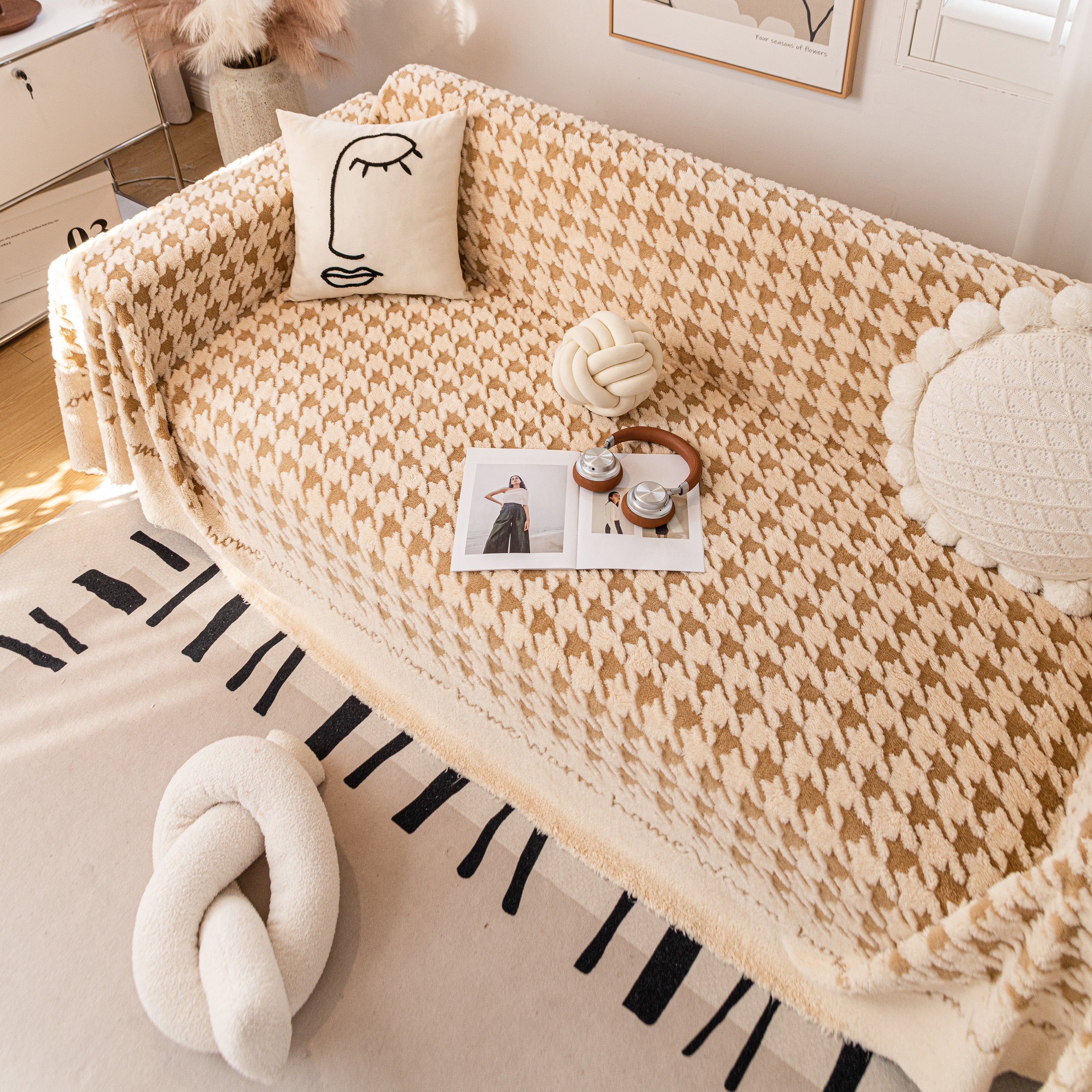 Jacquard Plush Houndstooth Sofa Throw Cover, Cover Throws for Sofas, Stylish Living Room Throws