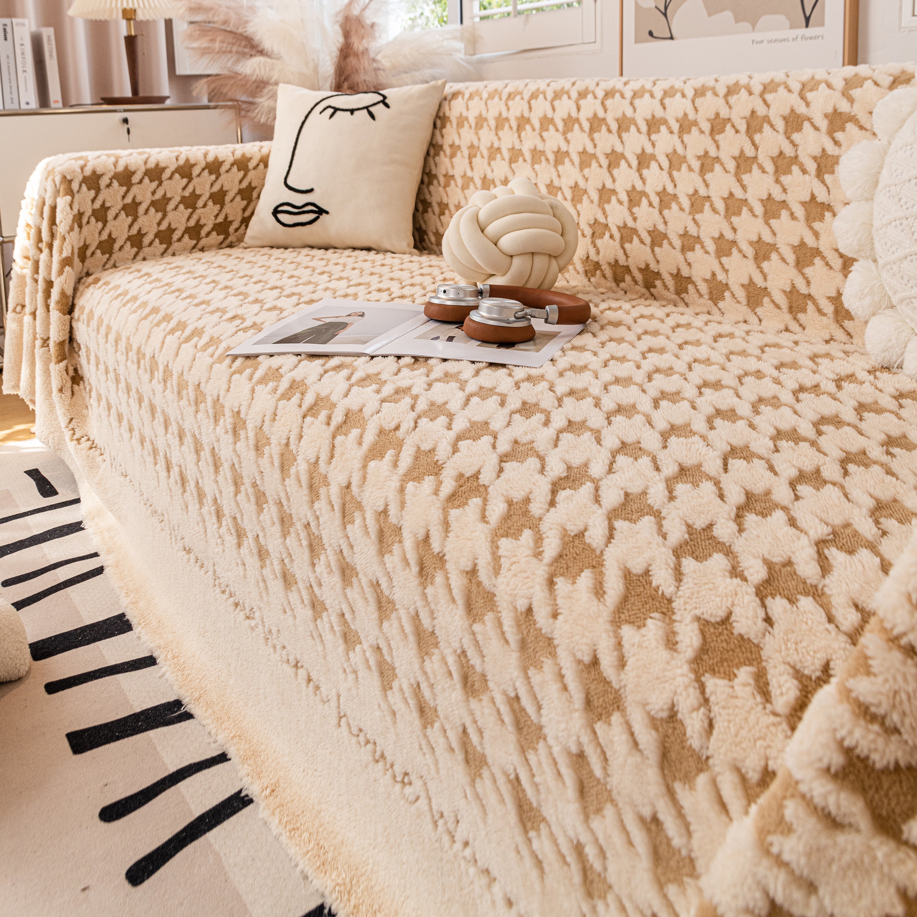Jacquard Plush Houndstooth Sofa Throw Cover, Cover Throws for Sofas, Stylish Living Room Throws