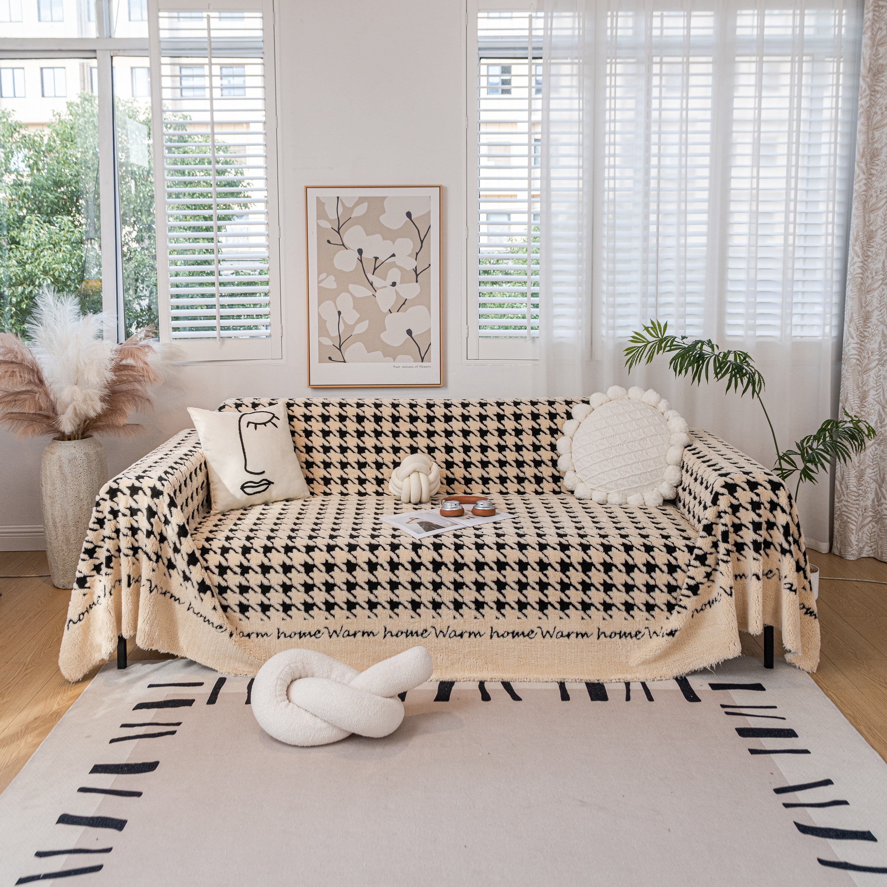 Jacquard Plush Houndstooth Sofa Throw Cover, Cover Throws for Sofas, Stylish Living Room Throws