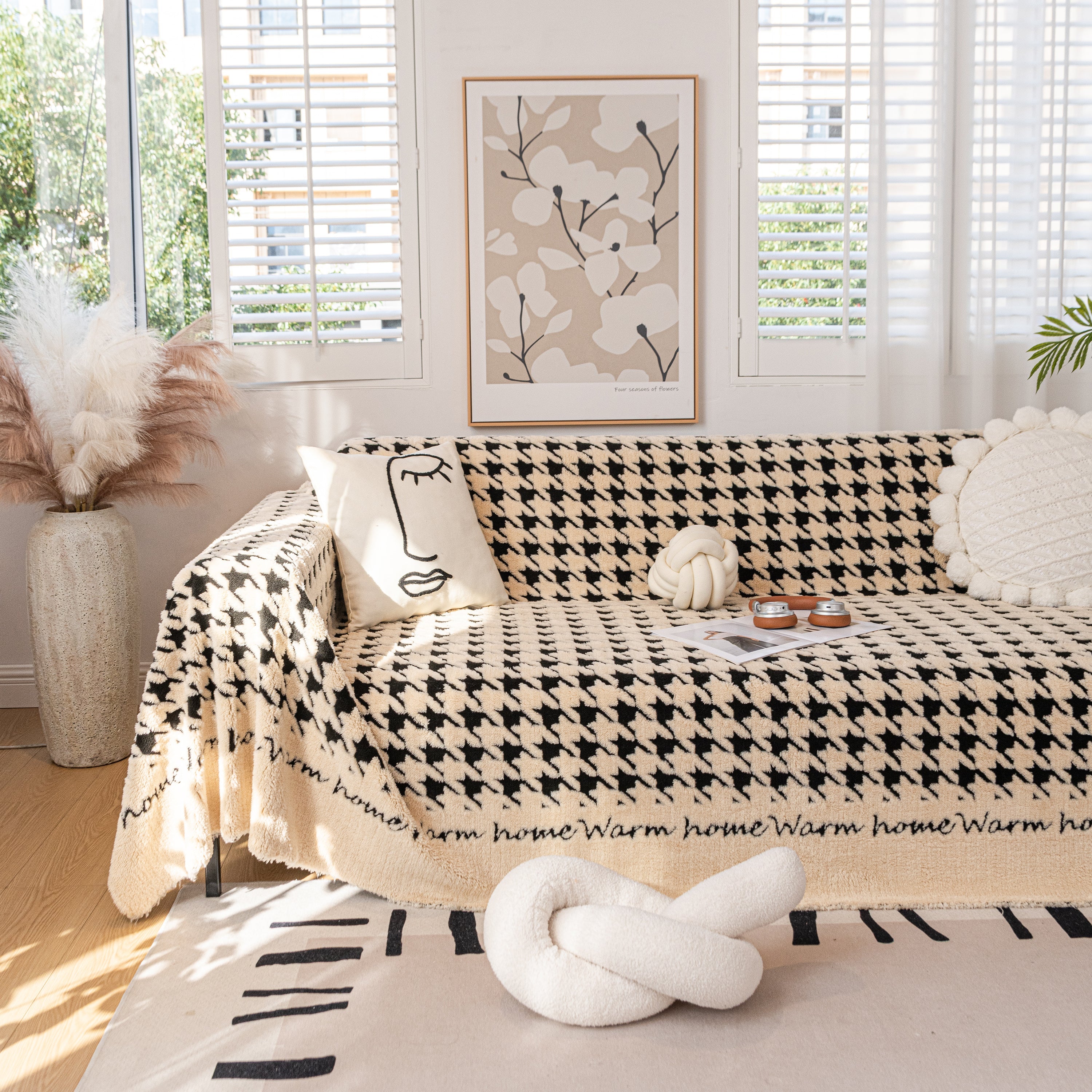 Jacquard Plush Houndstooth Sofa Throw Cover, Cover Throws for Sofas, Stylish Living Room Throws
