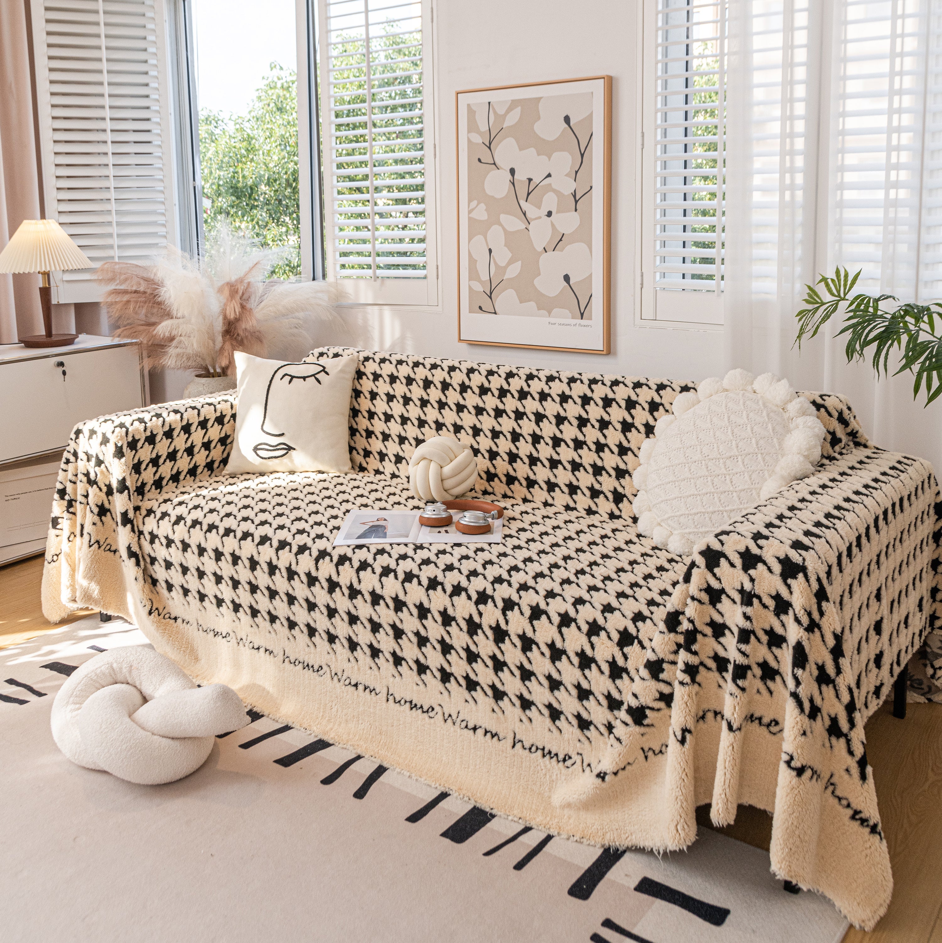 Jacquard Plush Houndstooth Sofa Throw Cover, Cover Throws for Sofas, Stylish Living Room Throws