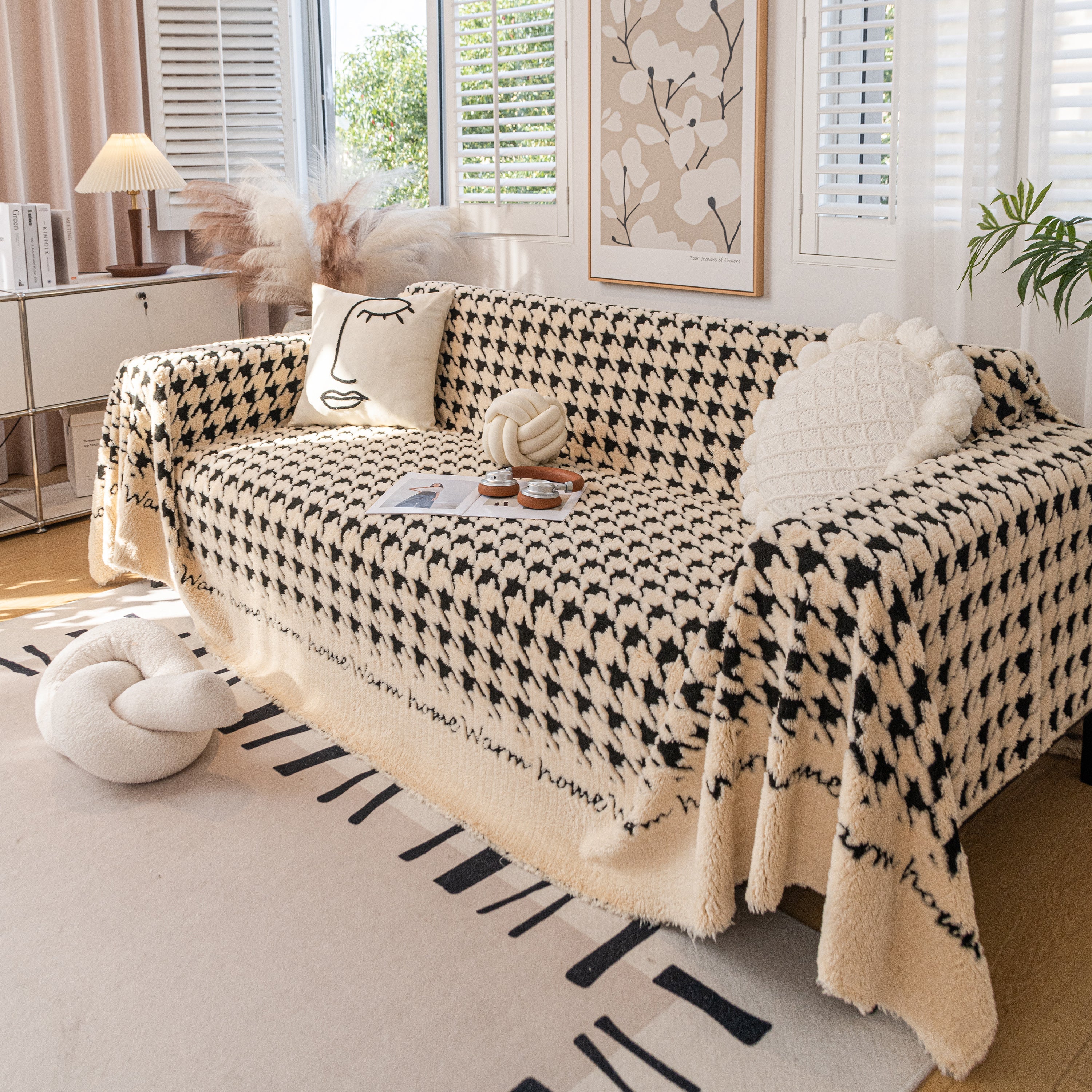 Jacquard Plush Houndstooth Sofa Throw Cover, Cover Throws for Sofas, Stylish Living Room Throws