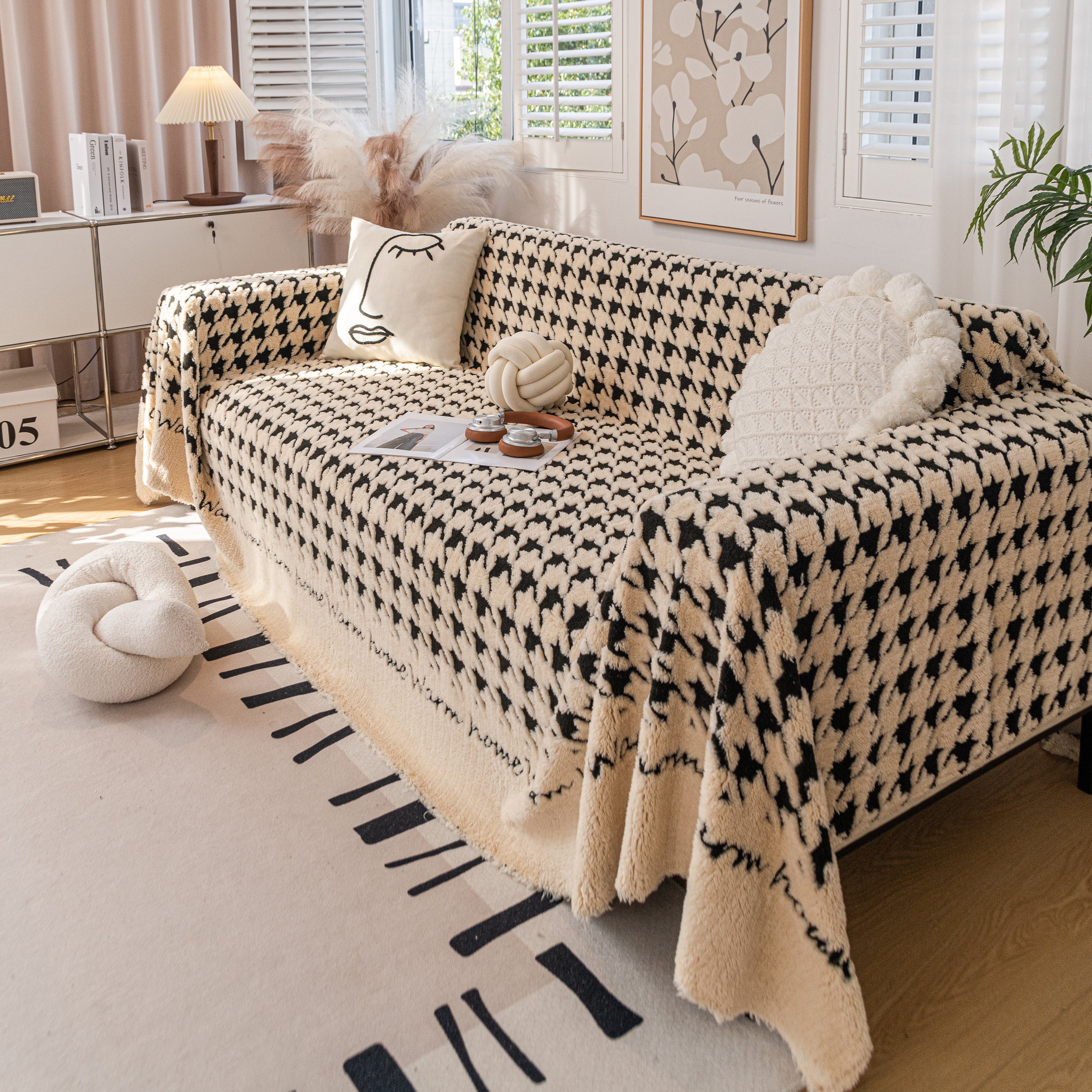 Jacquard Plush Houndstooth Sofa Throw Cover, Cover Throws for Sofas, Stylish Living Room Throws