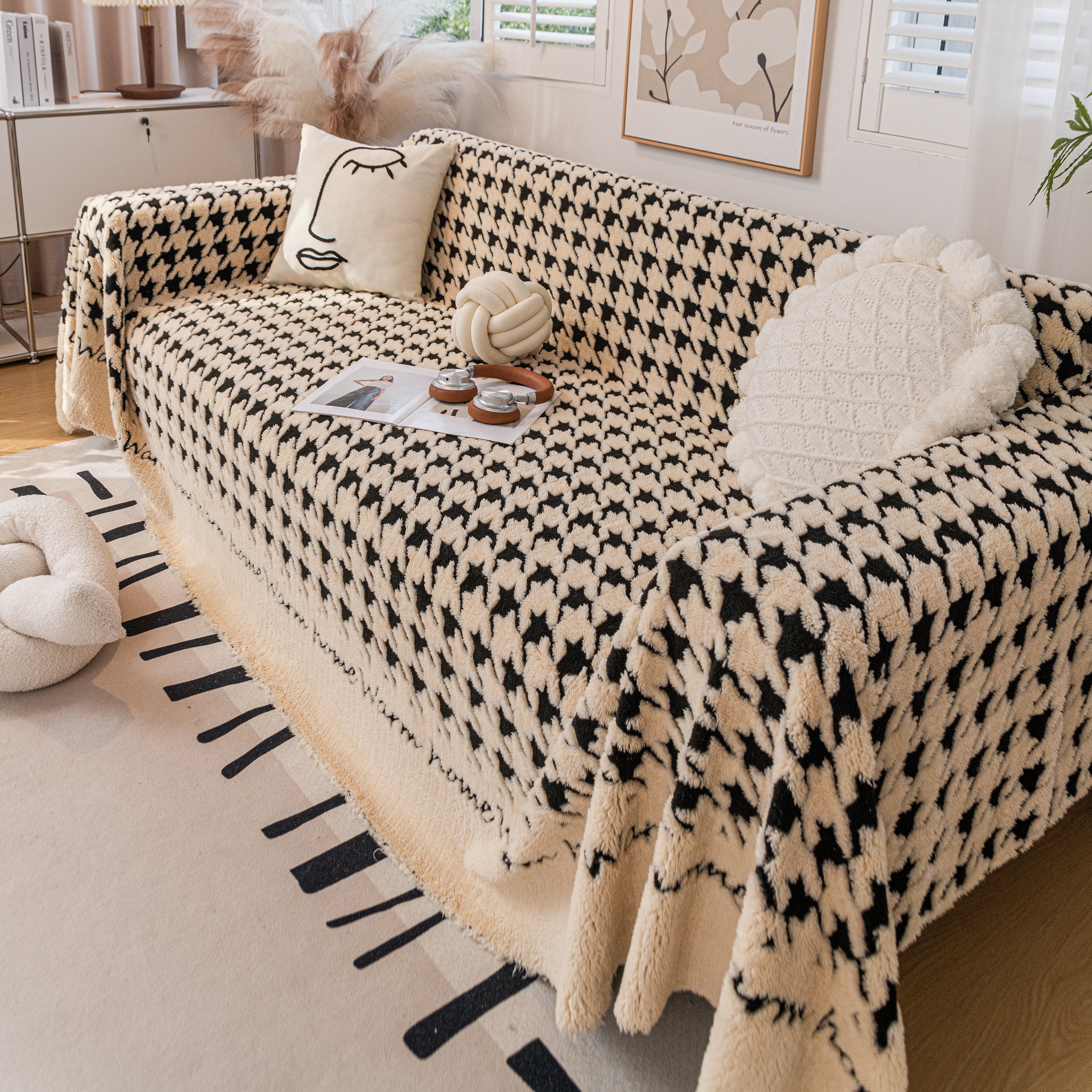 Jacquard Plush Houndstooth Sofa Throw Cover, Cover Throws for Sofas, Stylish Living Room Throws