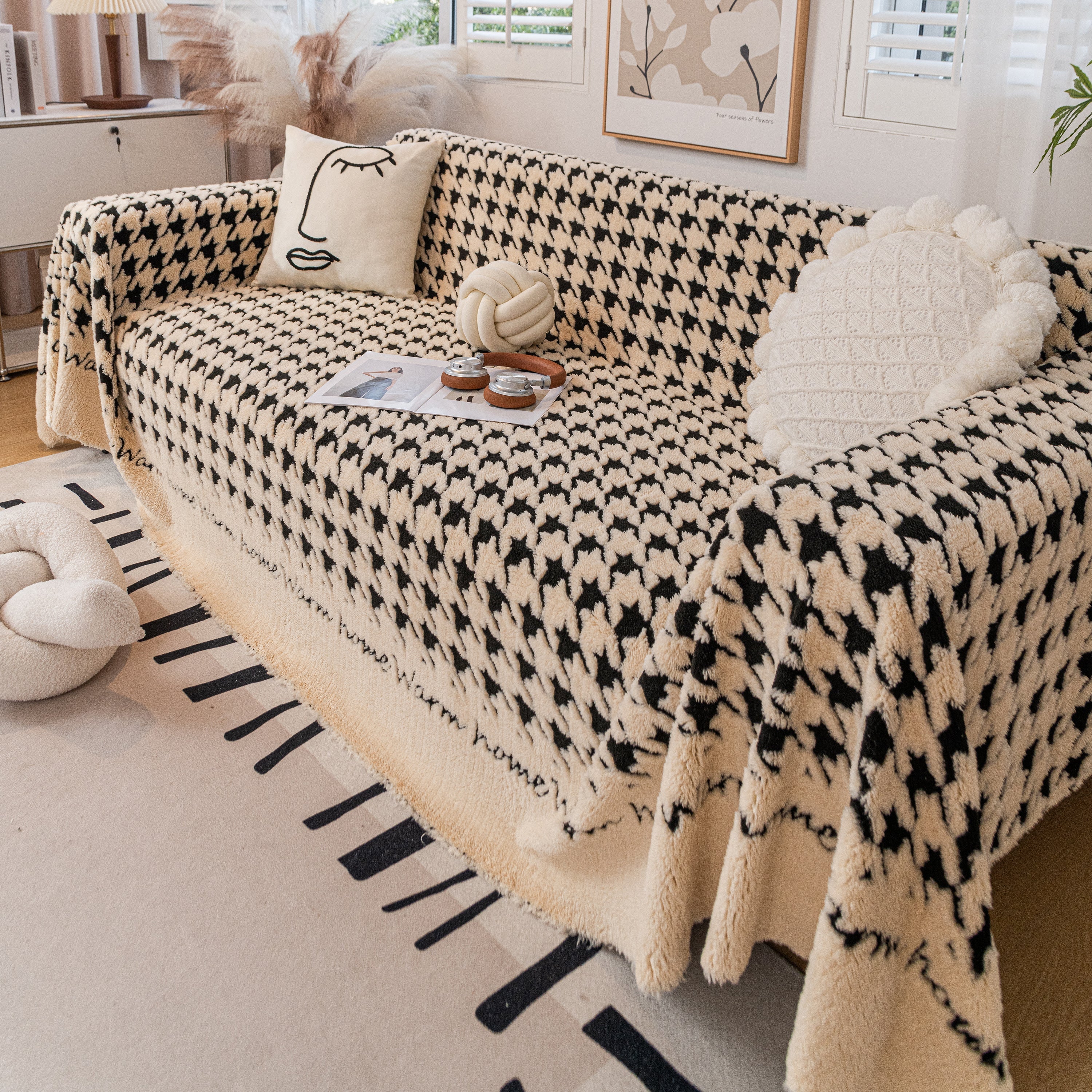 Jacquard Plush Houndstooth Sofa Throw Cover, Cover Throws for Sofas, Stylish Living Room Throws
