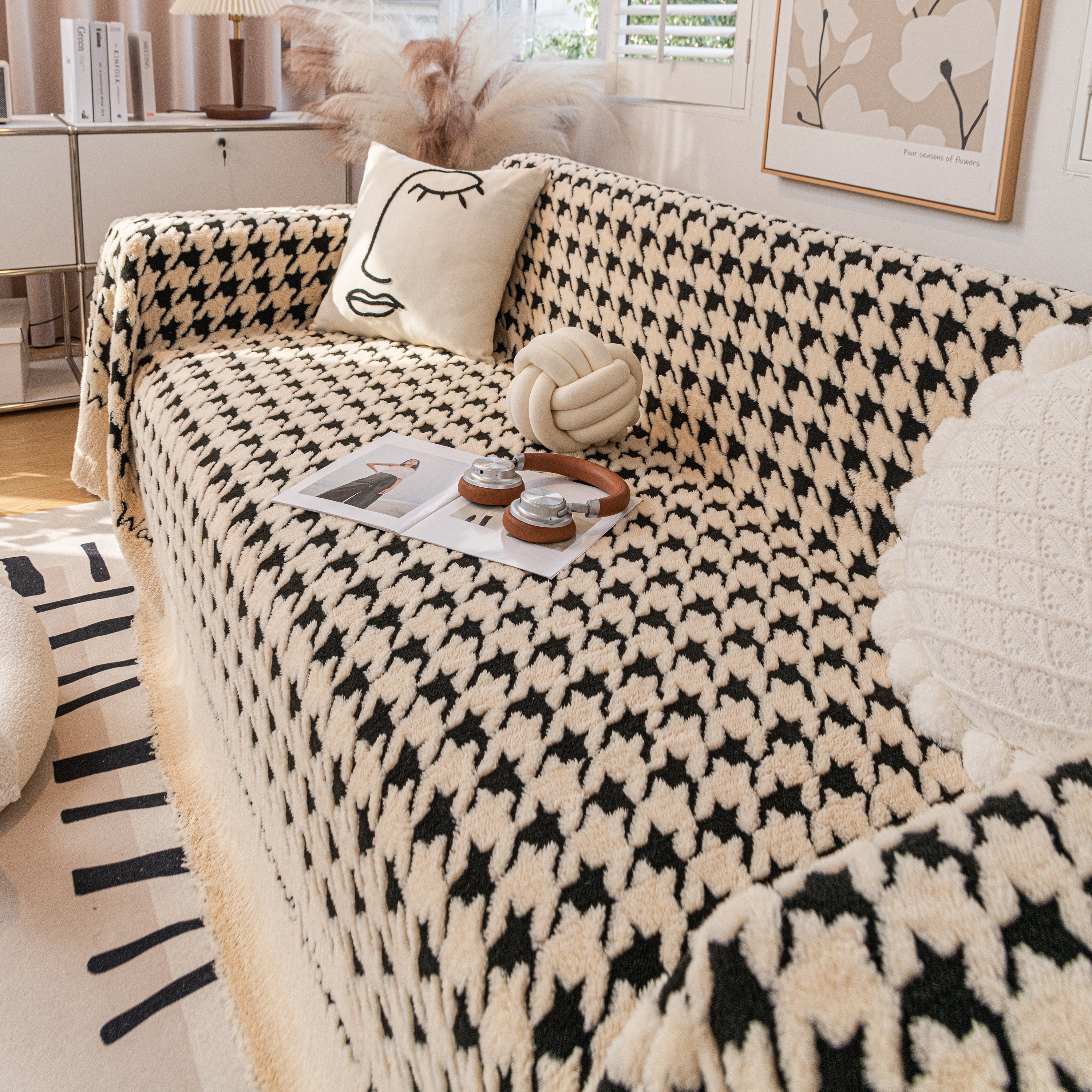 Jacquard Plush Houndstooth Sofa Throw Cover, Cover Throws for Sofas, Stylish Living Room Throws