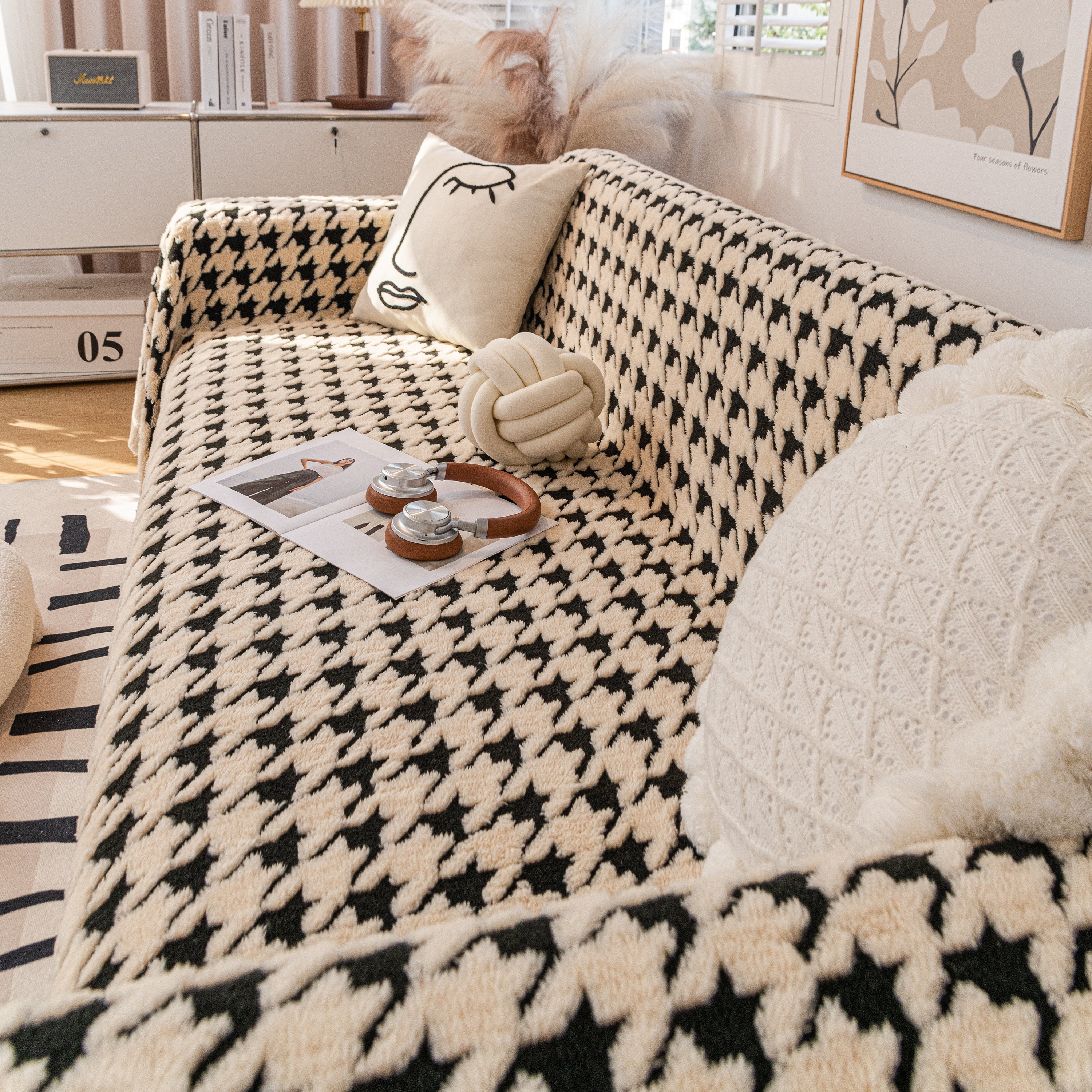Jacquard Plush Houndstooth Sofa Throw Cover, Cover Throws for Sofas, Stylish Living Room Throws