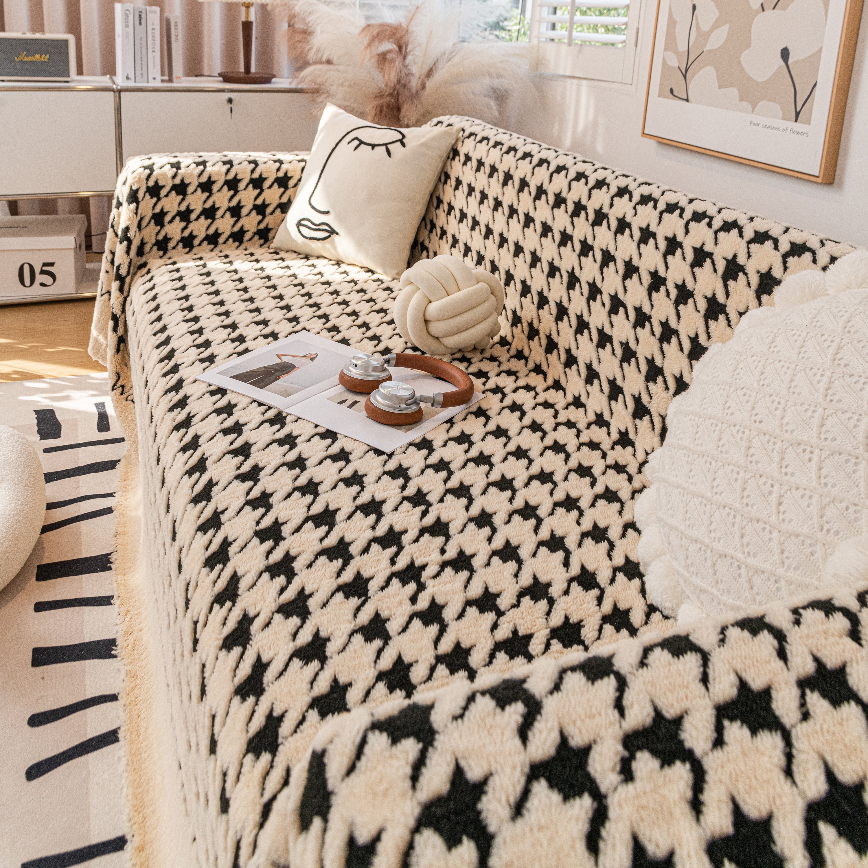 Jacquard Plush Houndstooth Sofa Throw Cover, Cover Throws for Sofas, Stylish Living Room Throws