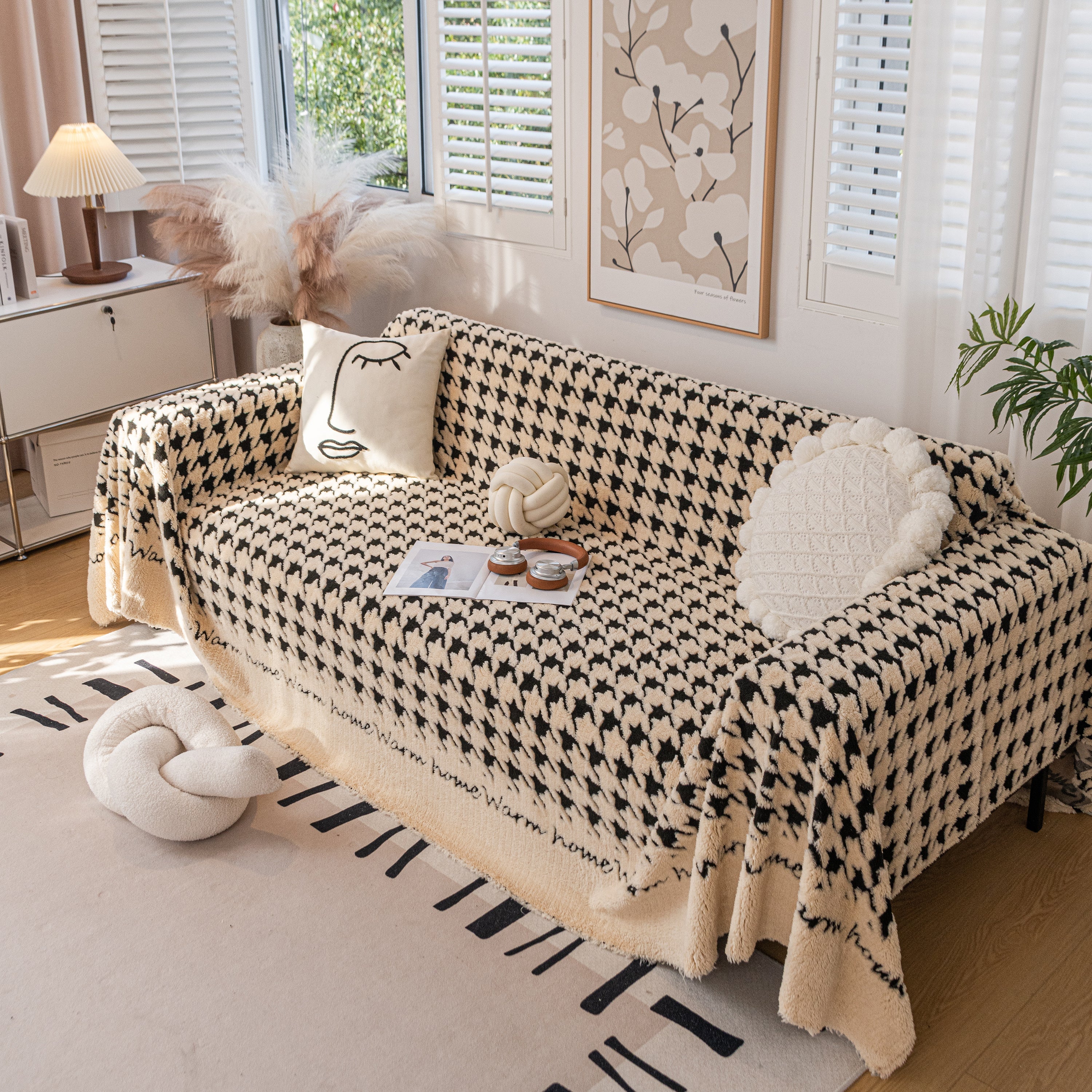 Jacquard Plush Houndstooth Sofa Throw Cover, Cover Throws for Sofas, Stylish Living Room Throws