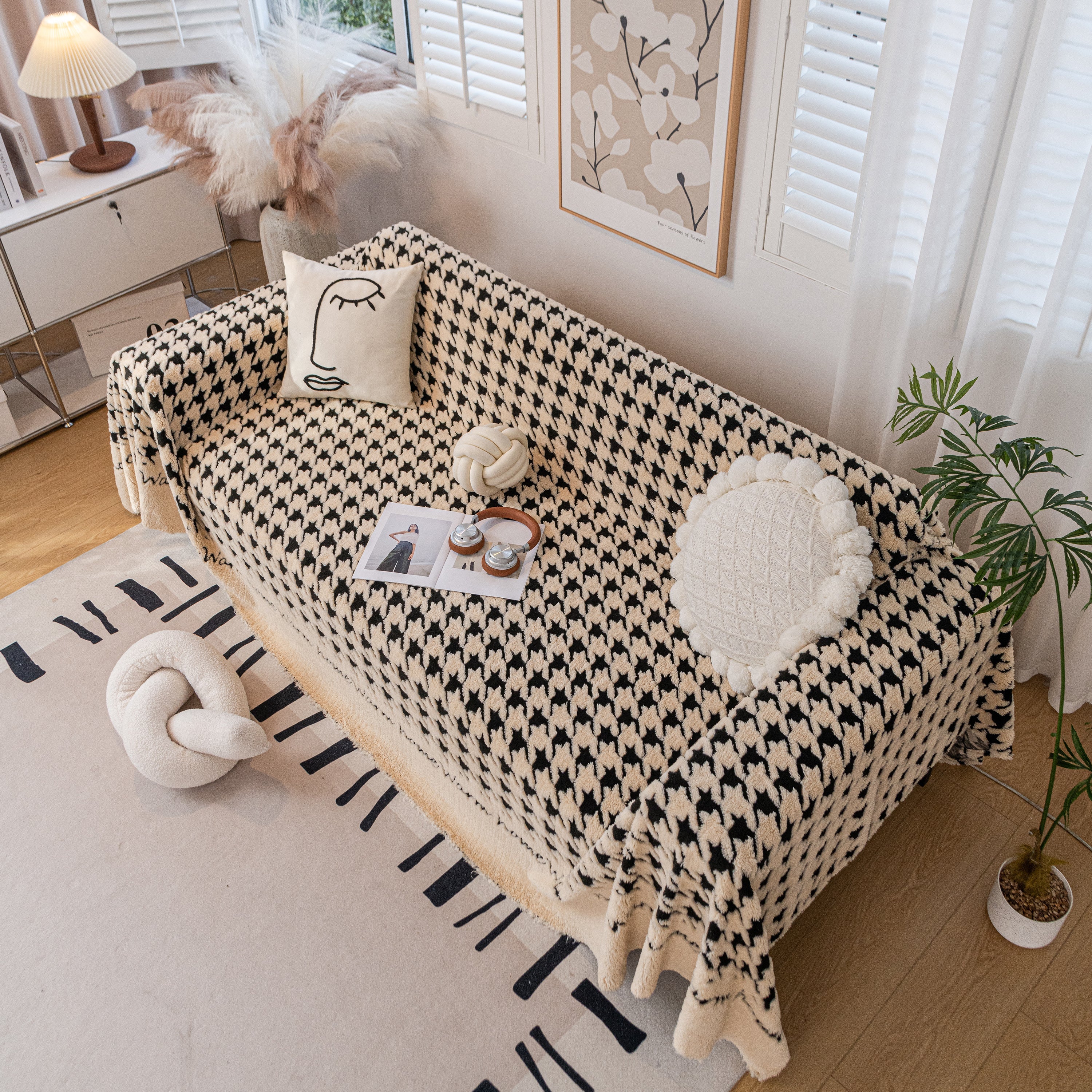 Jacquard Plush Houndstooth Sofa Throw Cover, Cover Throws for Sofas, Stylish Living Room Throws