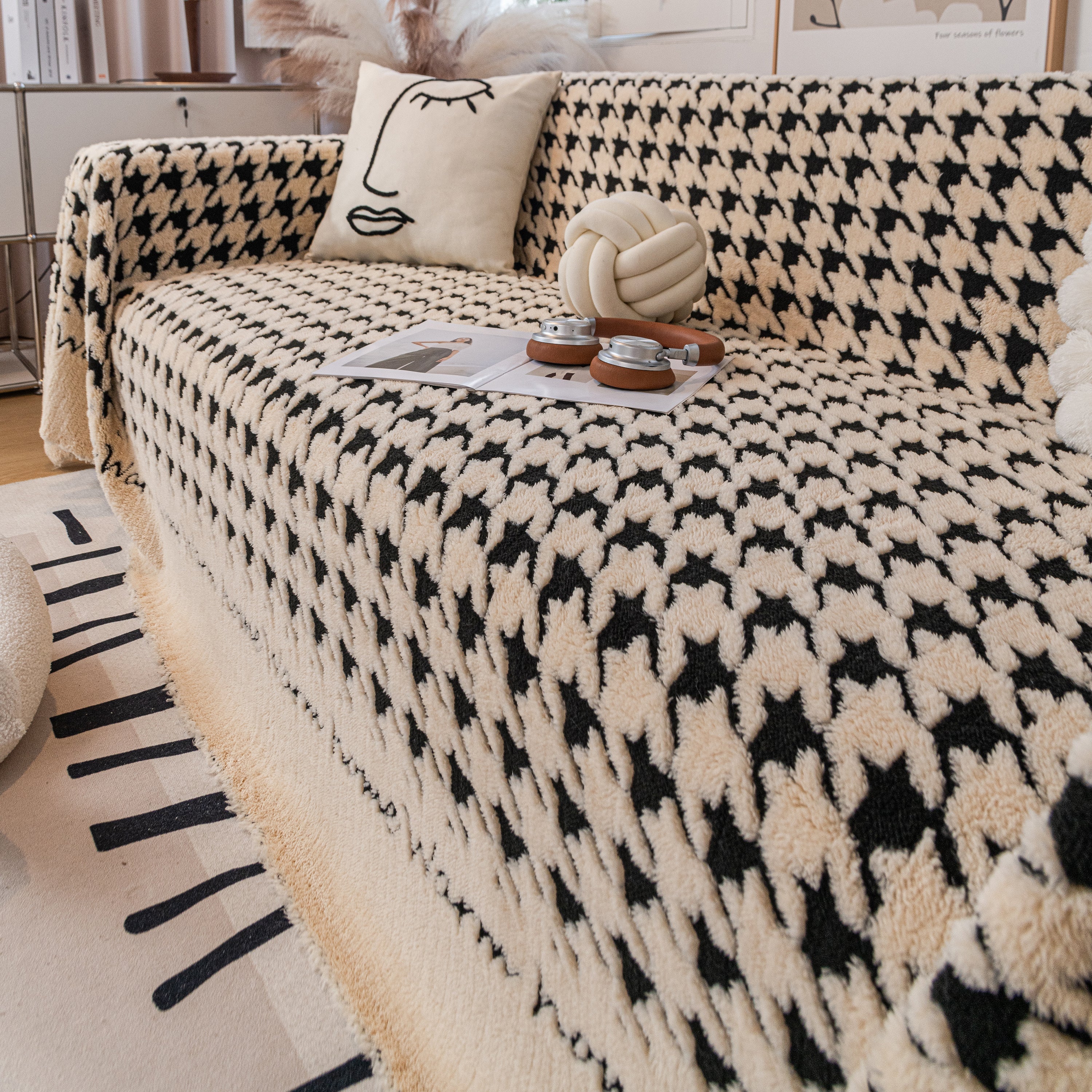 Jacquard Plush Houndstooth Sofa Throw Cover, Cover Throws for Sofas, Stylish Living Room Throws