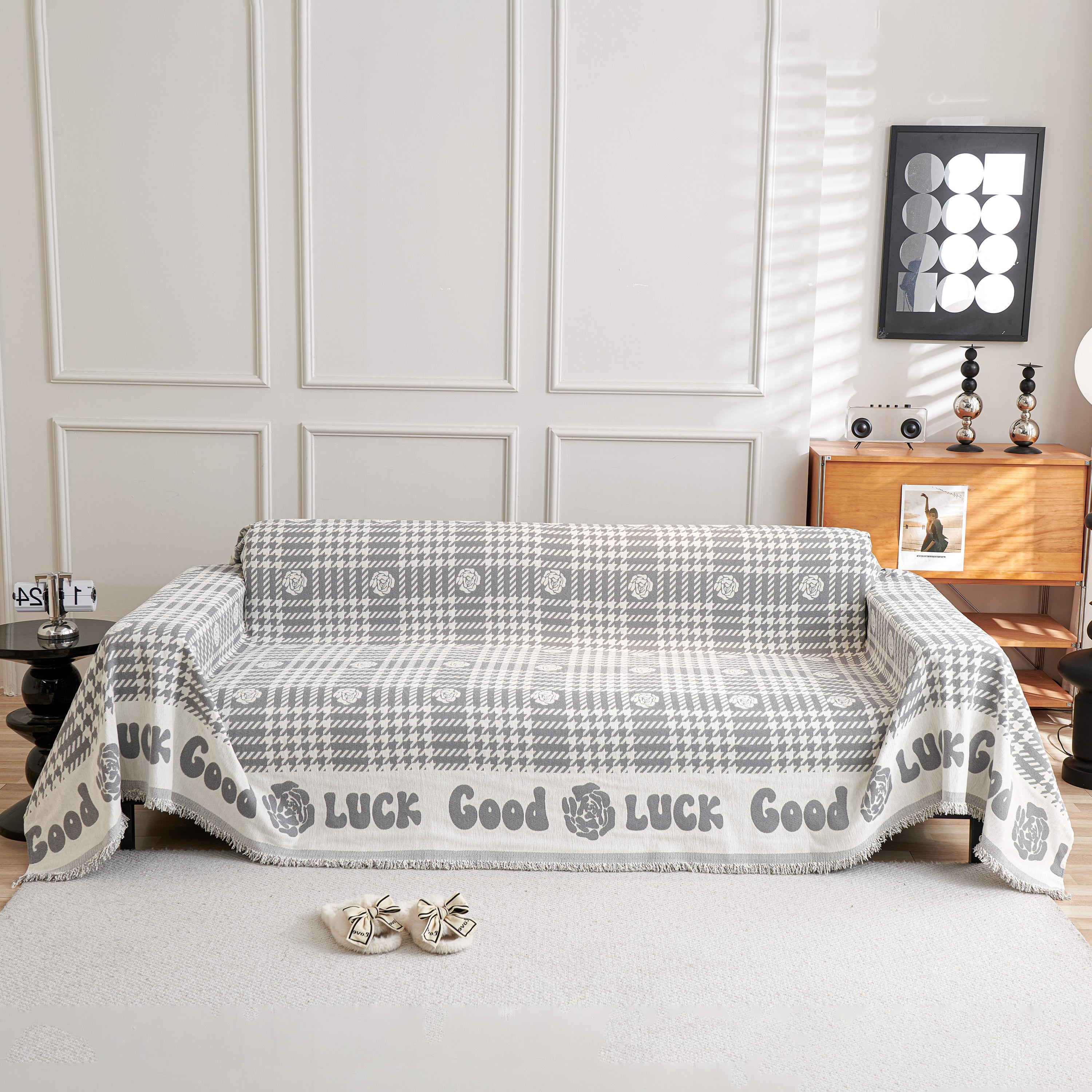 Chenille Houndstooth Sofa Throw Cover, Scratch Proof Cozy Throw Blankets for Couch