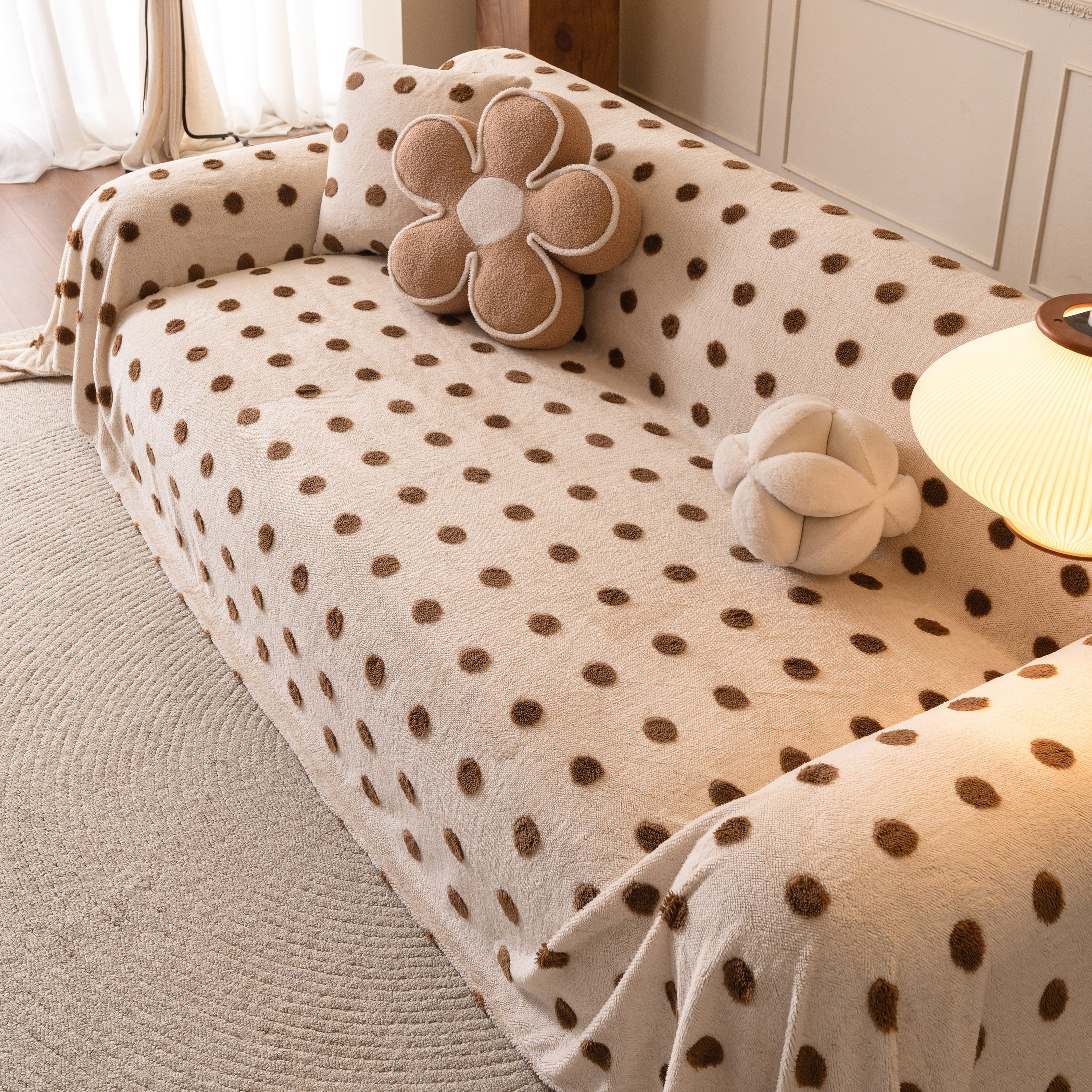Plush Fleece Sofa Cover Throw, Soft Textured Polka Dot Couch Protector Blanket for Pets