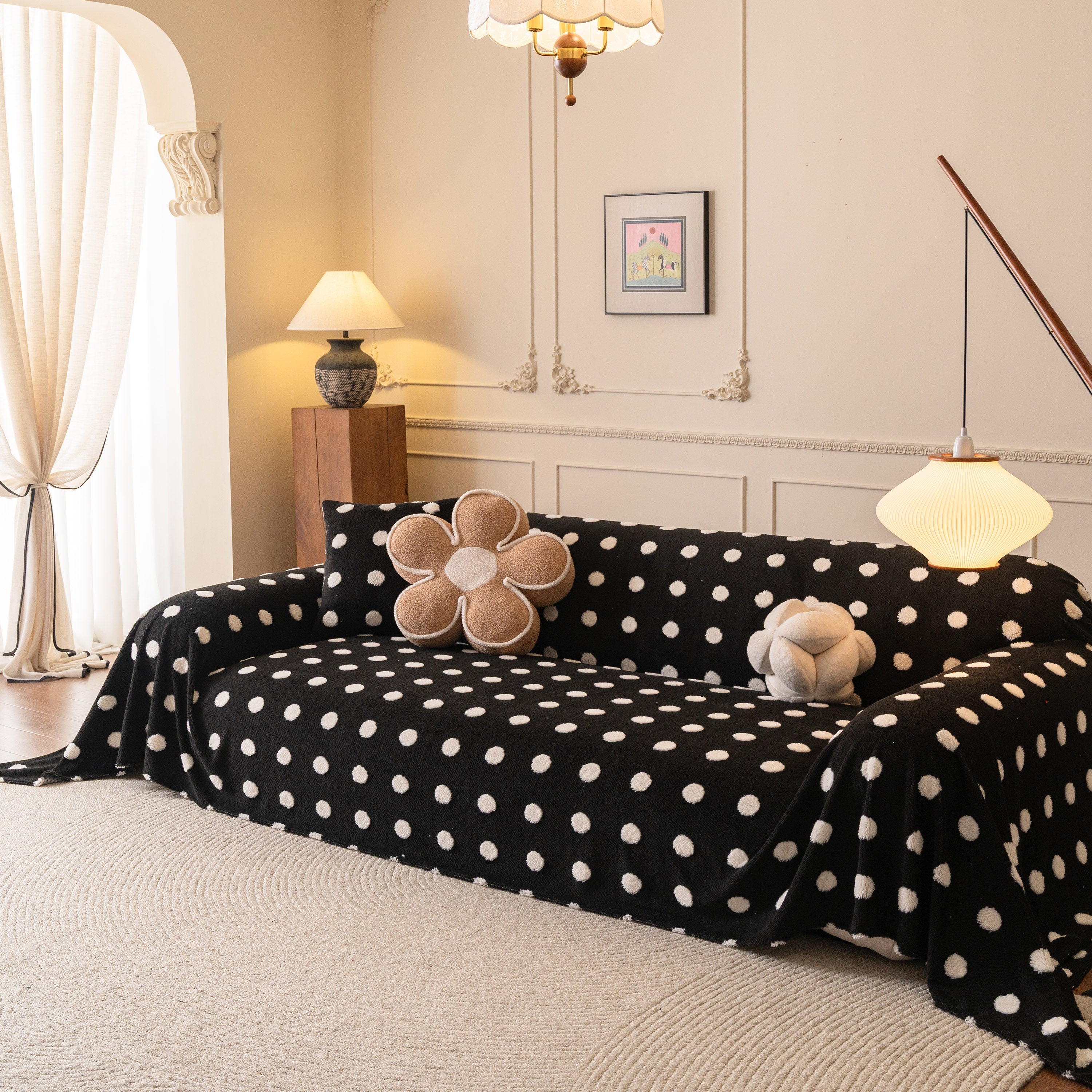 Plush Fleece Sofa Cover Throw, Soft Textured Polka Dot Couch Protector Blanket for Pets