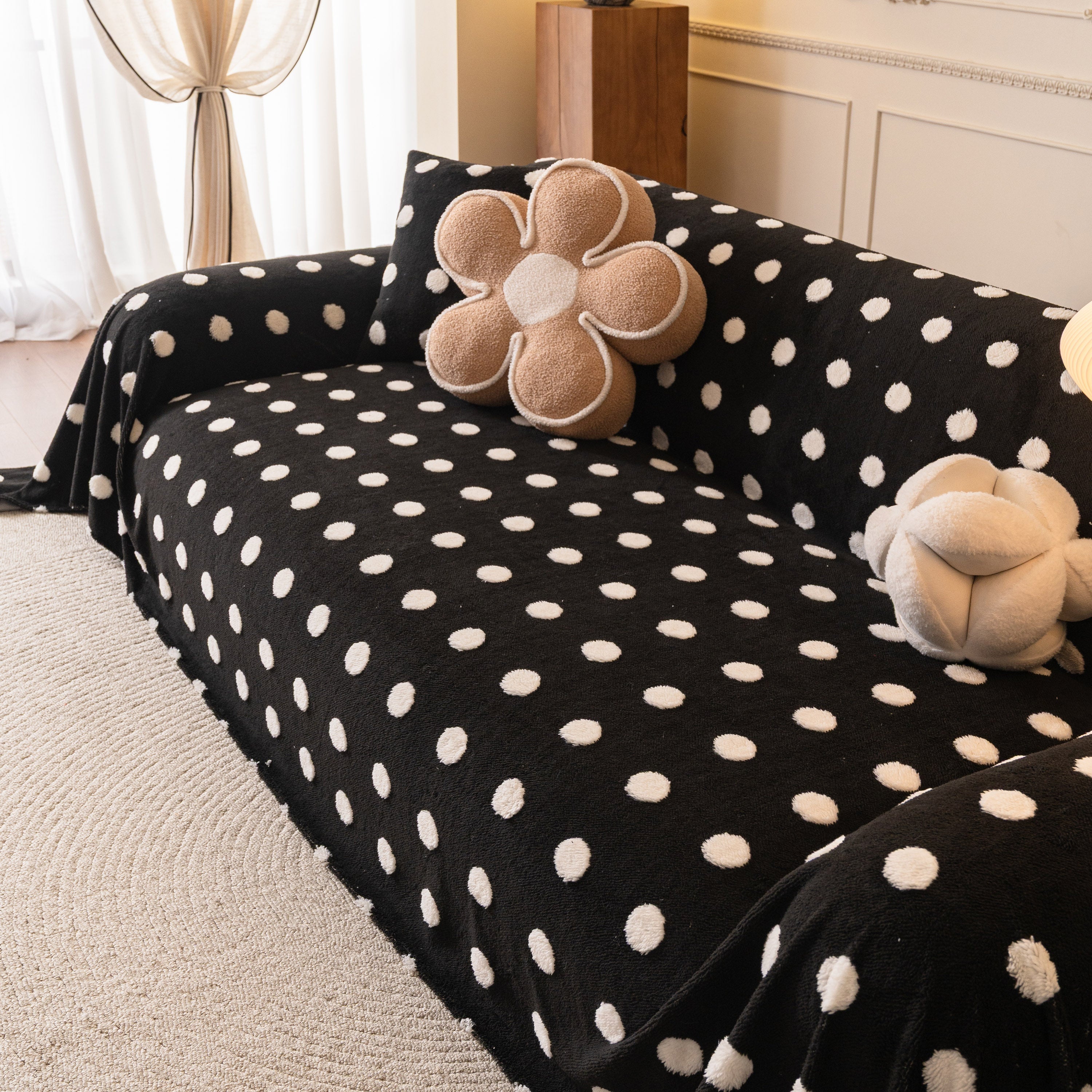 Plush Fleece Sofa Cover Throw, Soft Textured Polka Dot Couch Protector Blanket for Pets