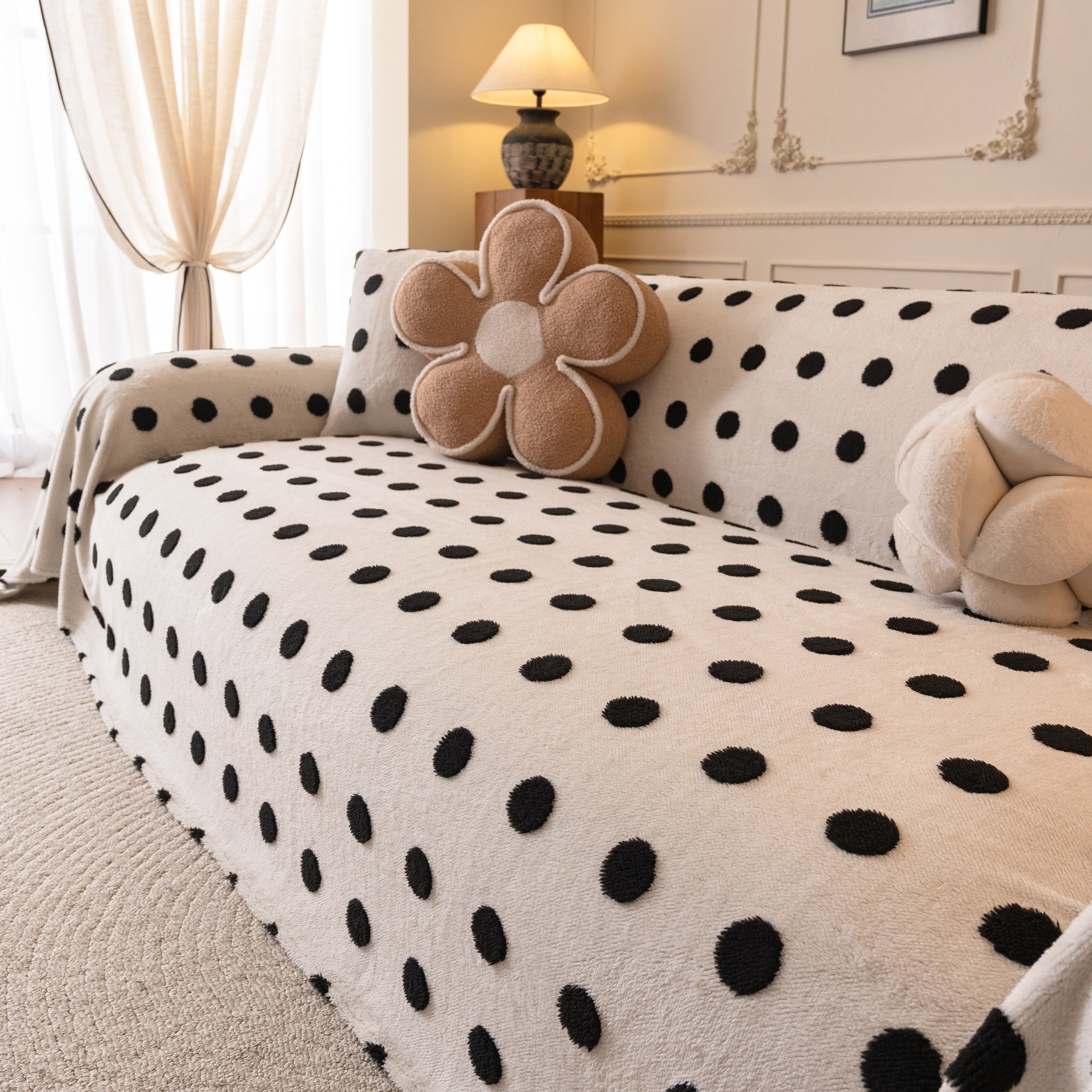 Plush Fleece Sofa Cover Throw, Soft Textured Polka Dot Couch Protector Blanket for Pets