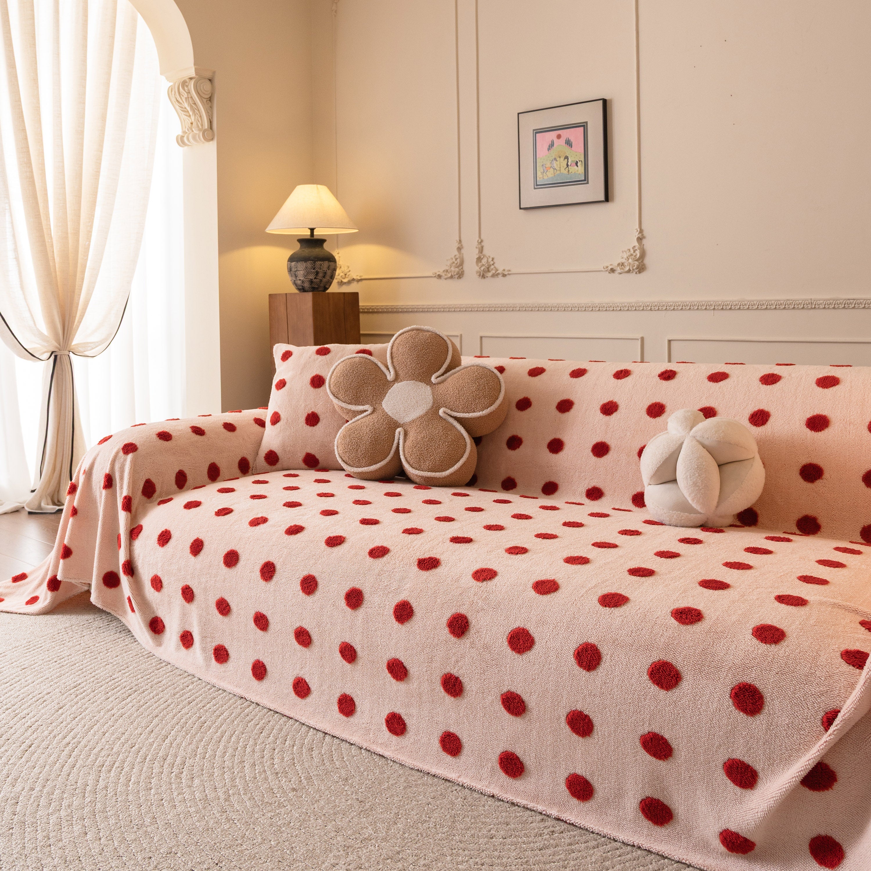 Plush Fleece Sofa Cover Throw, Soft Textured Polka Dot Couch Protector Blanket for Pets