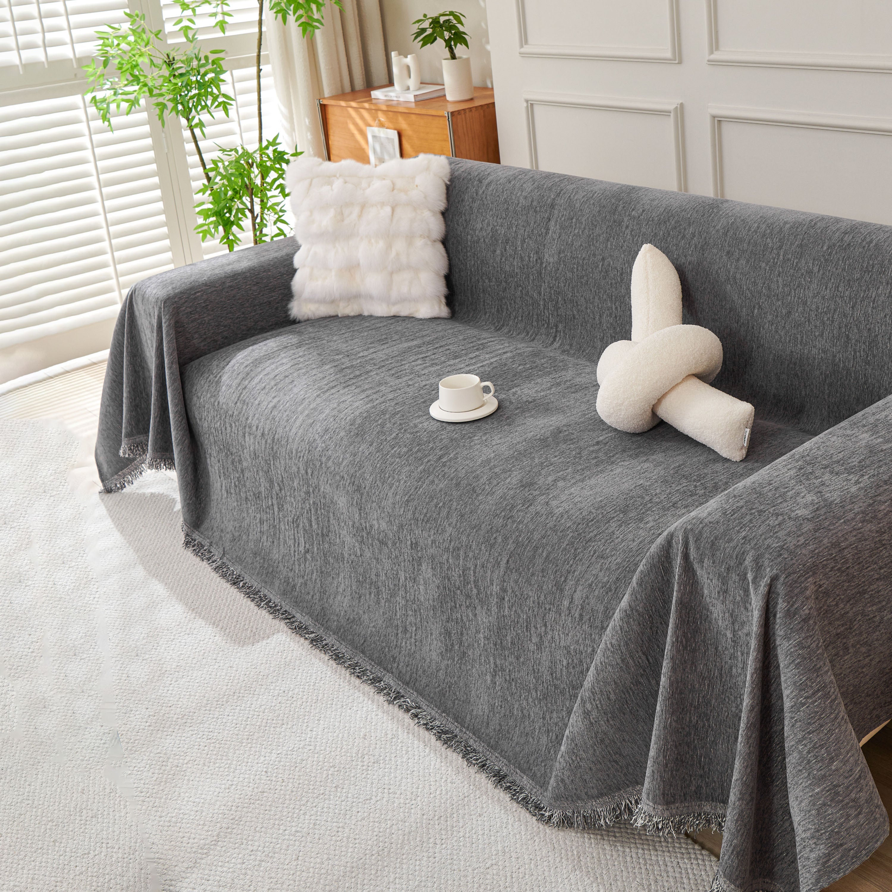 Solid Color Chenille Sofa Throw Blanket, Cozy & Easy Care Fringed Furniture Protector