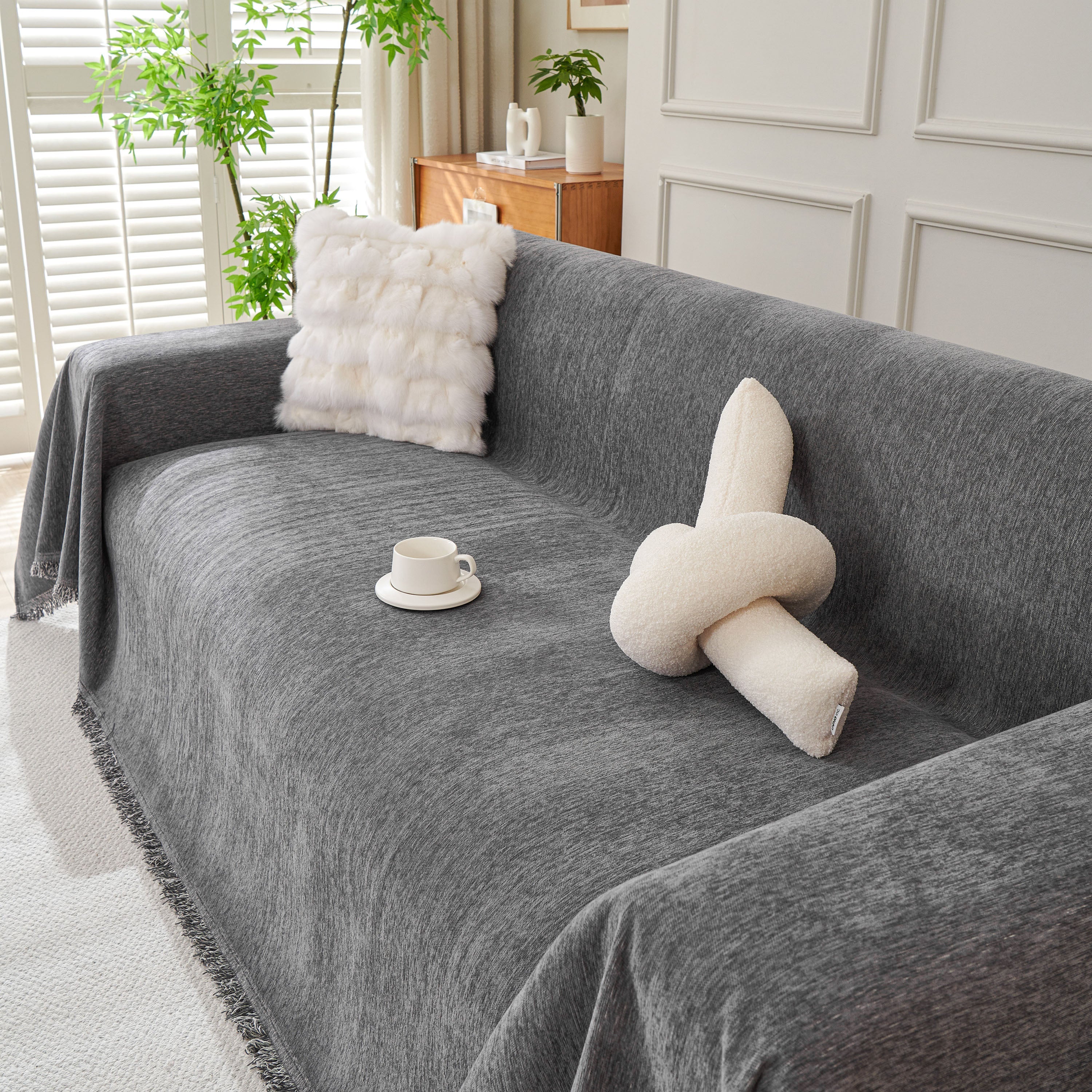 Solid Color Chenille Sofa Throw Blanket, Cozy & Easy Care Fringed Furniture Protector