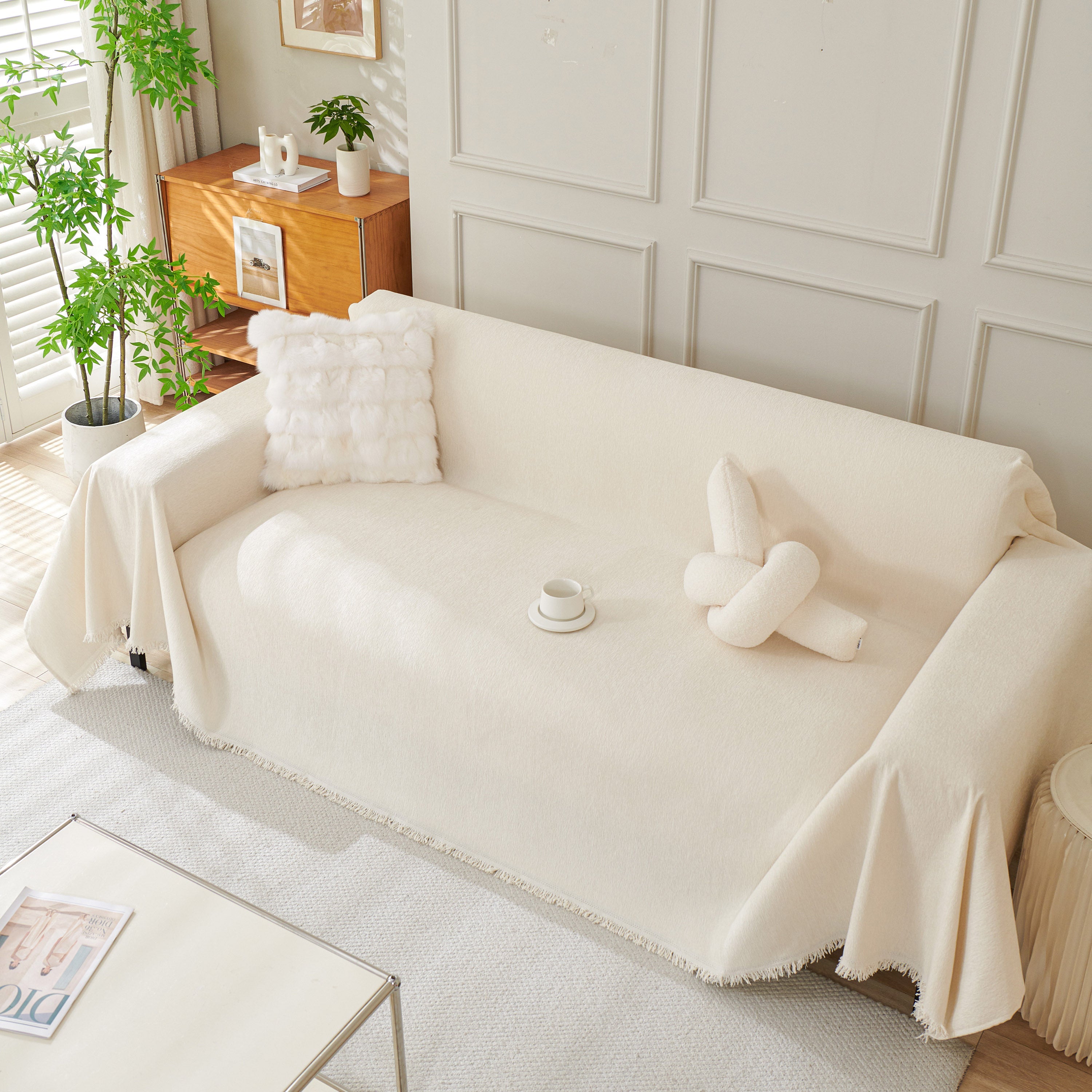 Solid Color Chenille Sofa Throw Blanket, Cozy & Easy Care Fringed Furniture Protector