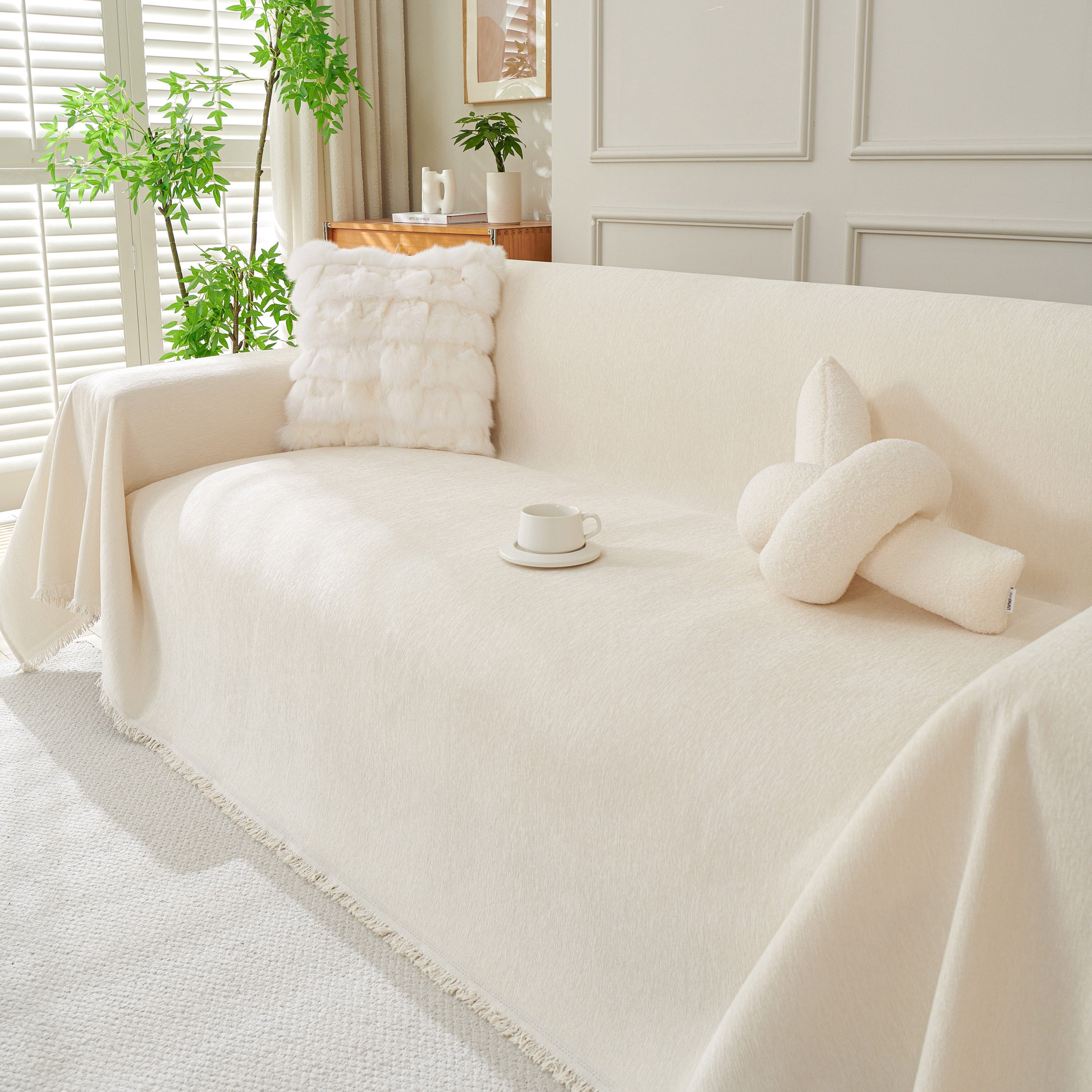 Solid Color Chenille Sofa Throw Blanket, Cozy & Easy Care Fringed Furniture Protector