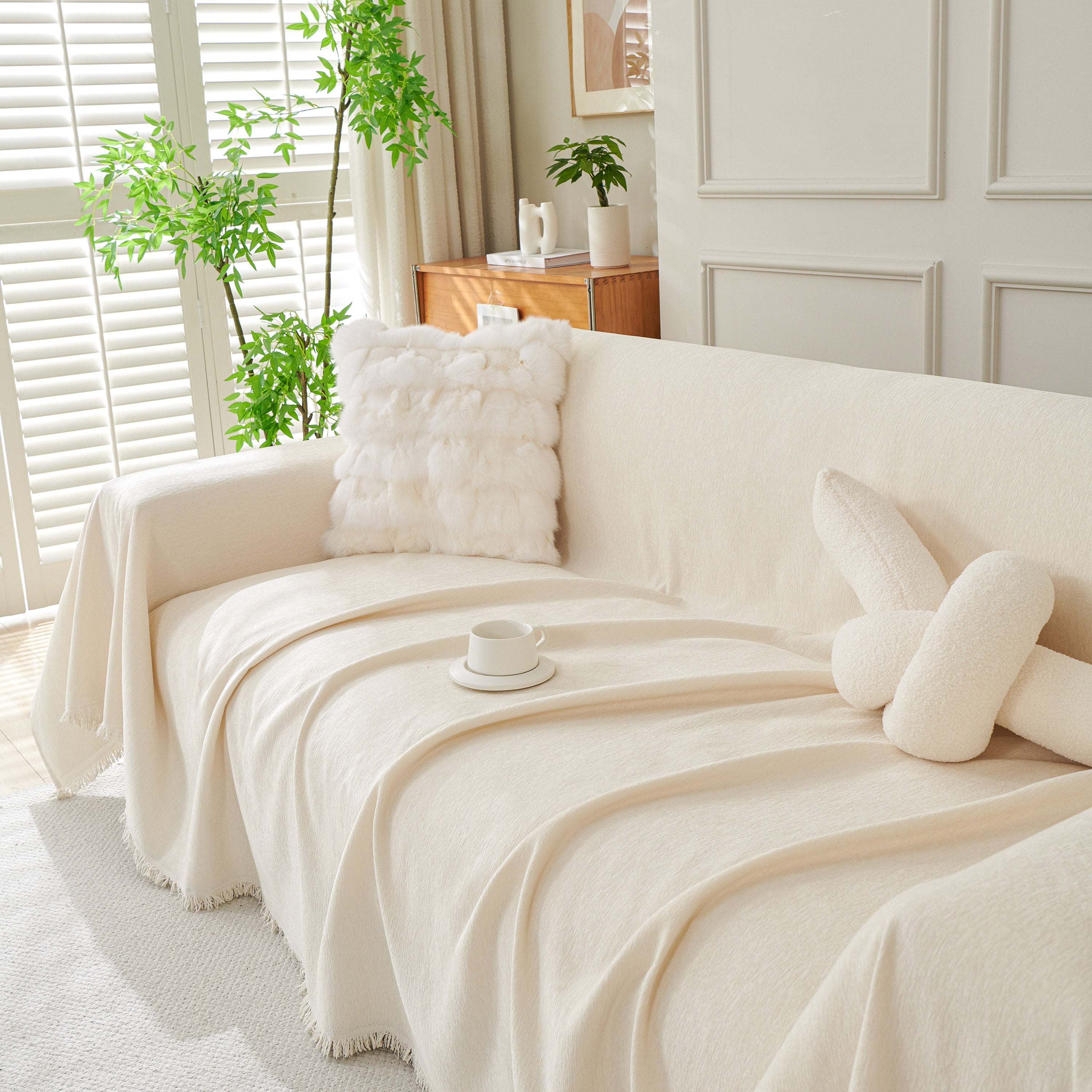 Solid Color Chenille Sofa Throw Blanket, Cozy & Easy Care Fringed Furniture Protector