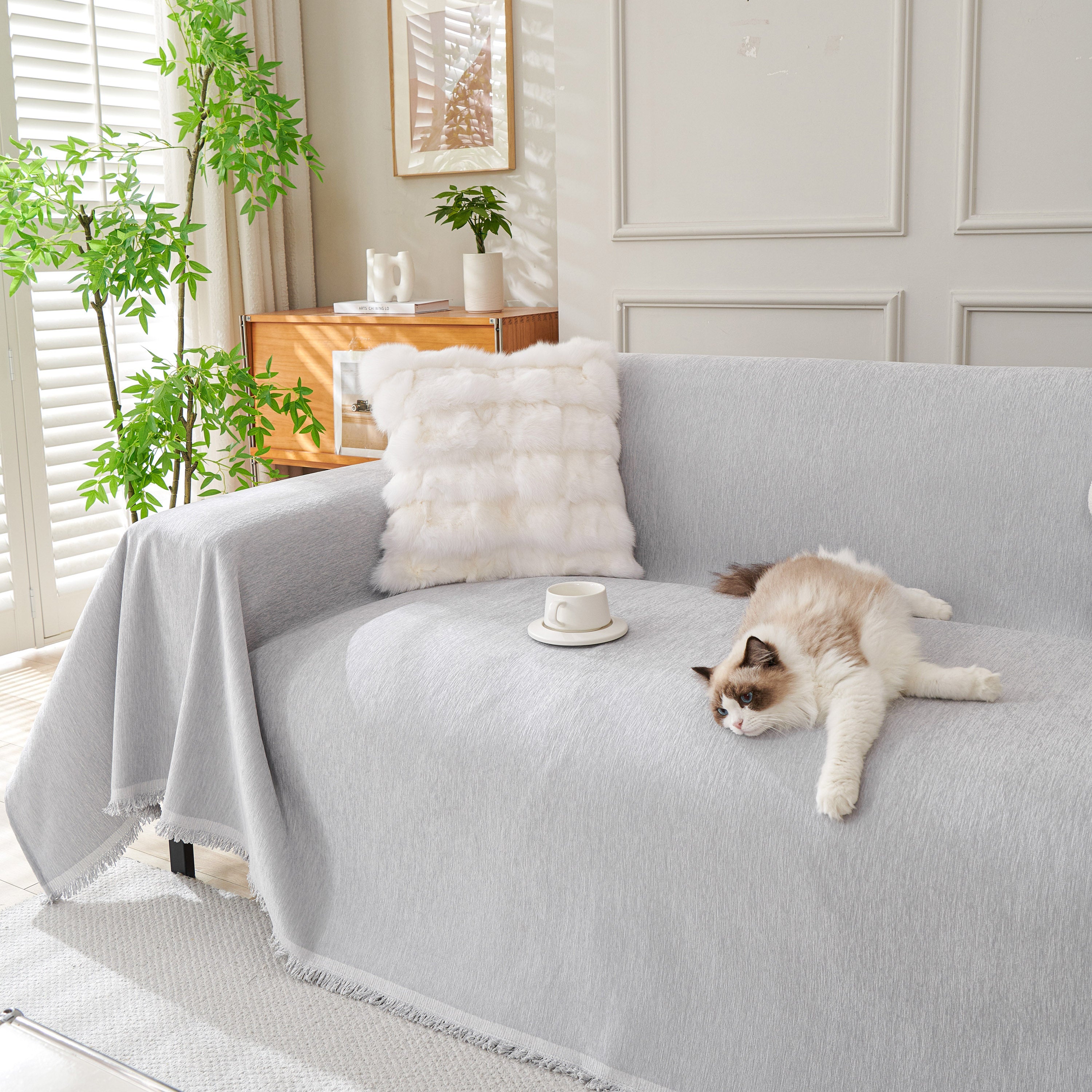 Solid Color Chenille Sofa Throw Blanket, Cozy & Easy Care Fringed Furniture Protector