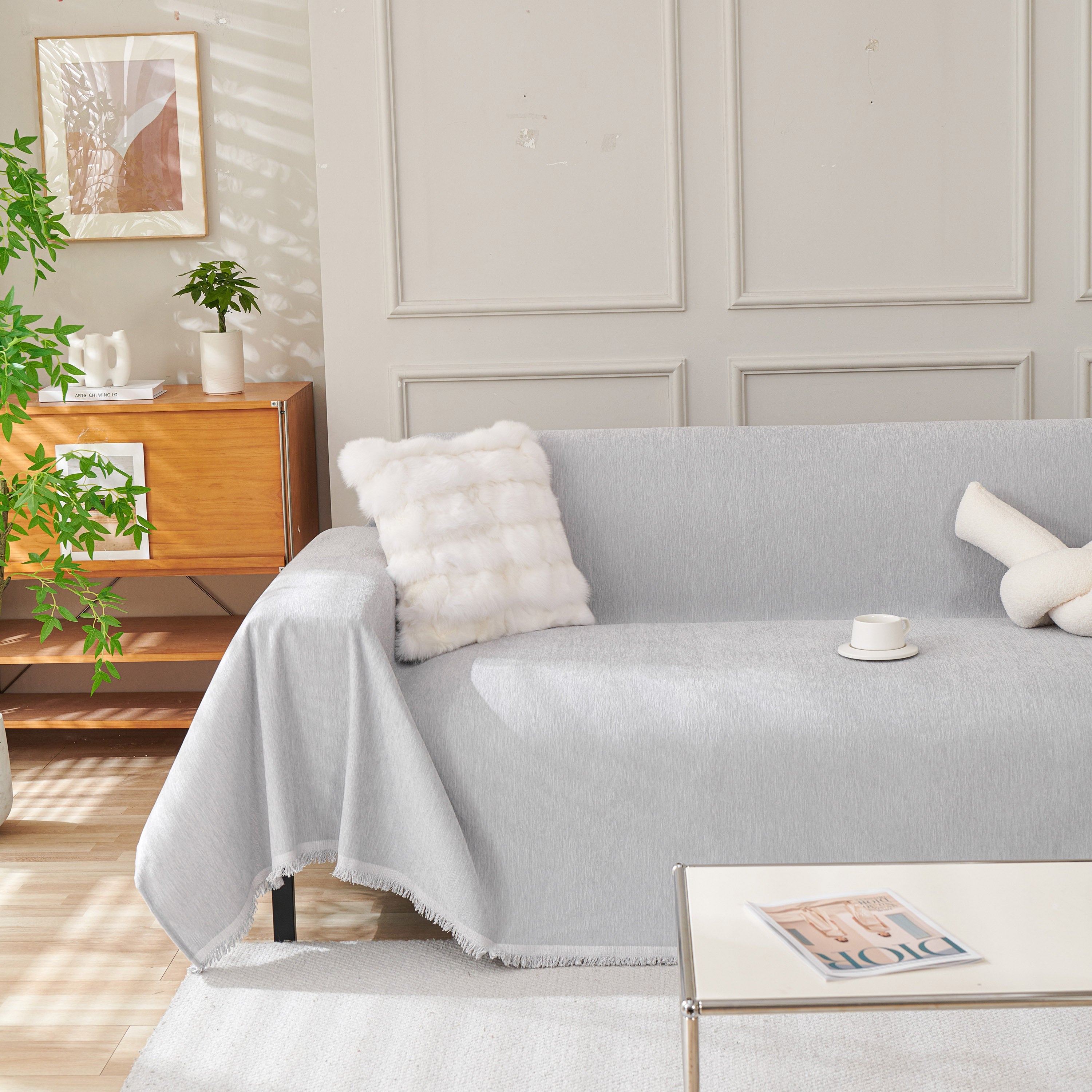 Solid Color Chenille Sofa Throw Blanket, Cozy & Easy Care Fringed Furniture Protector