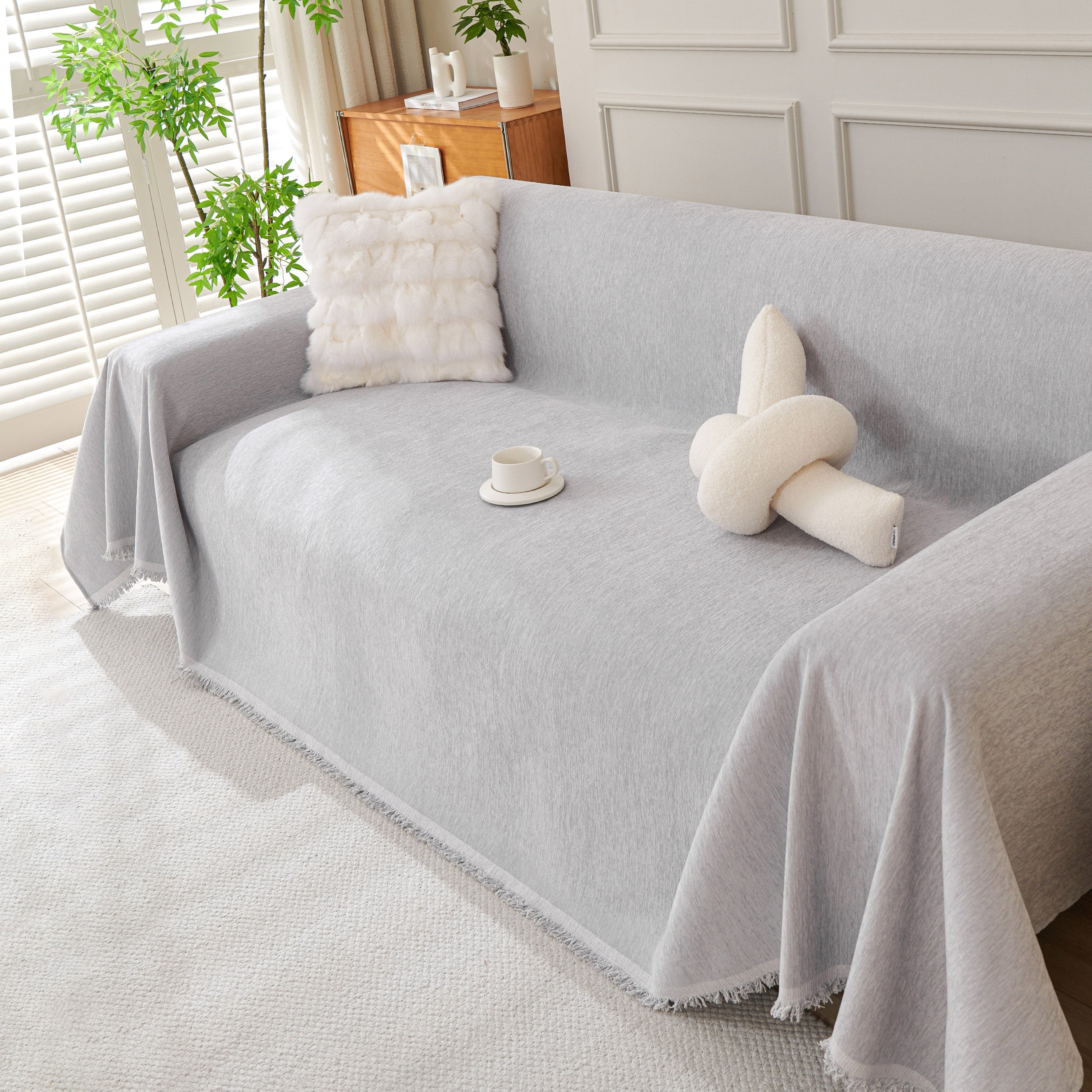 Solid Color Chenille Sofa Throw Blanket, Cozy & Easy Care Fringed Furniture Protector