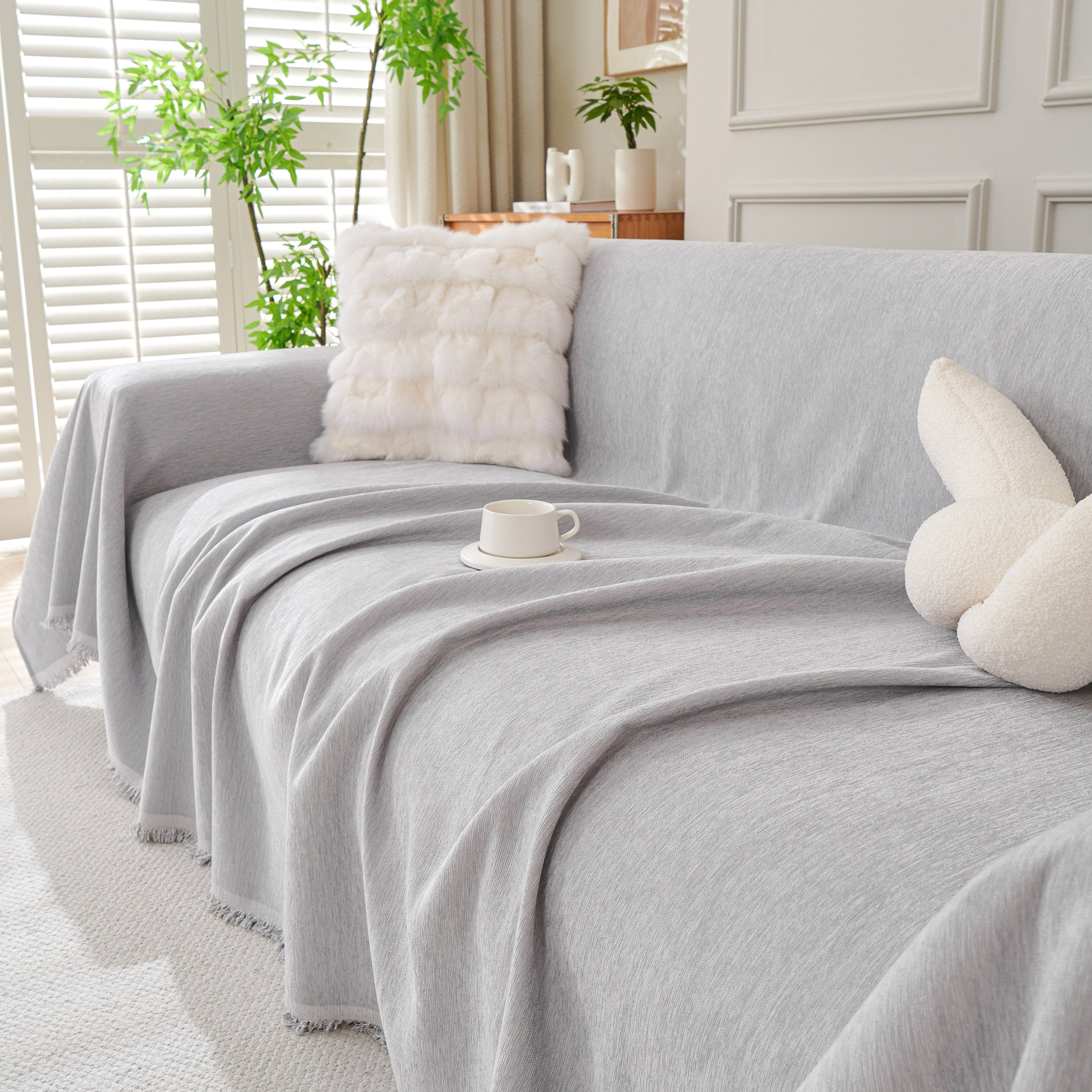 Solid Color Chenille Sofa Throw Blanket, Cozy & Easy Care Fringed Furniture Protector