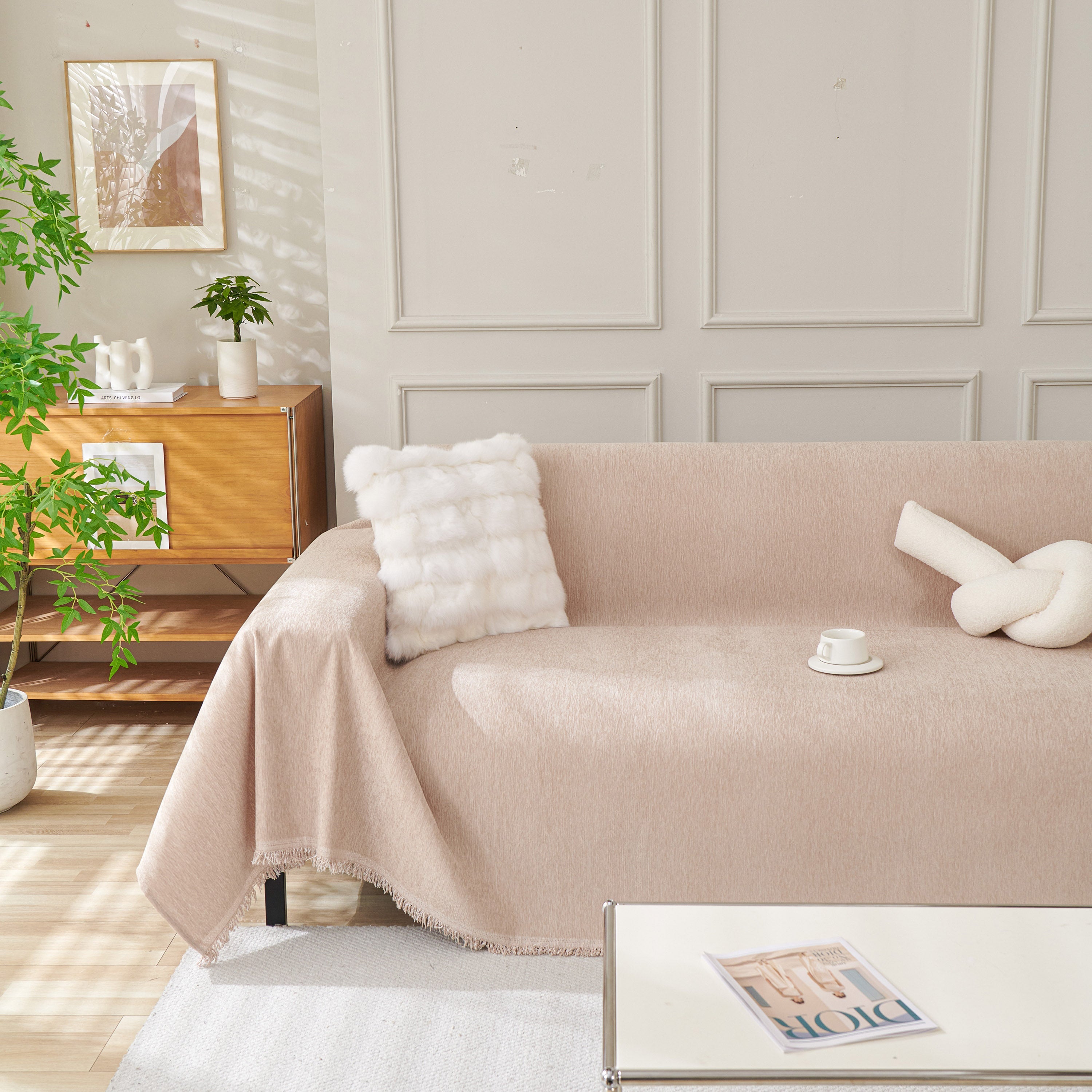 Solid Color Chenille Sofa Throw Blanket, Modern Decor Soft Couch Cover with Fringes