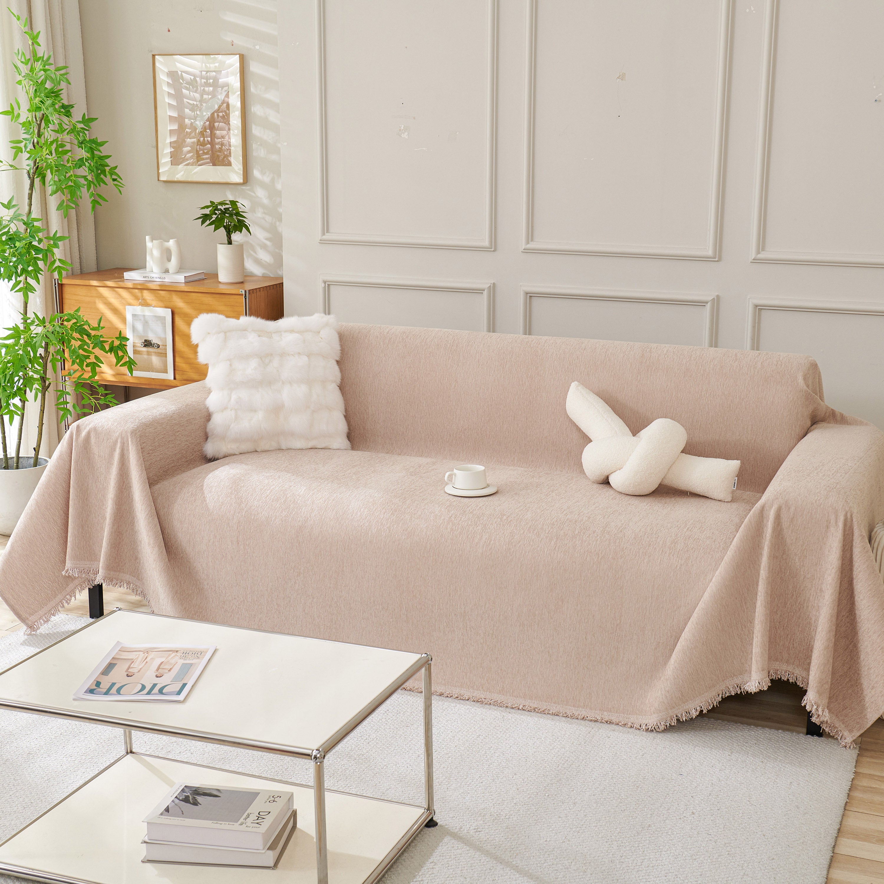 Solid Color Chenille Sofa Throw Blanket, Modern Decor Soft Couch Cover with Fringes