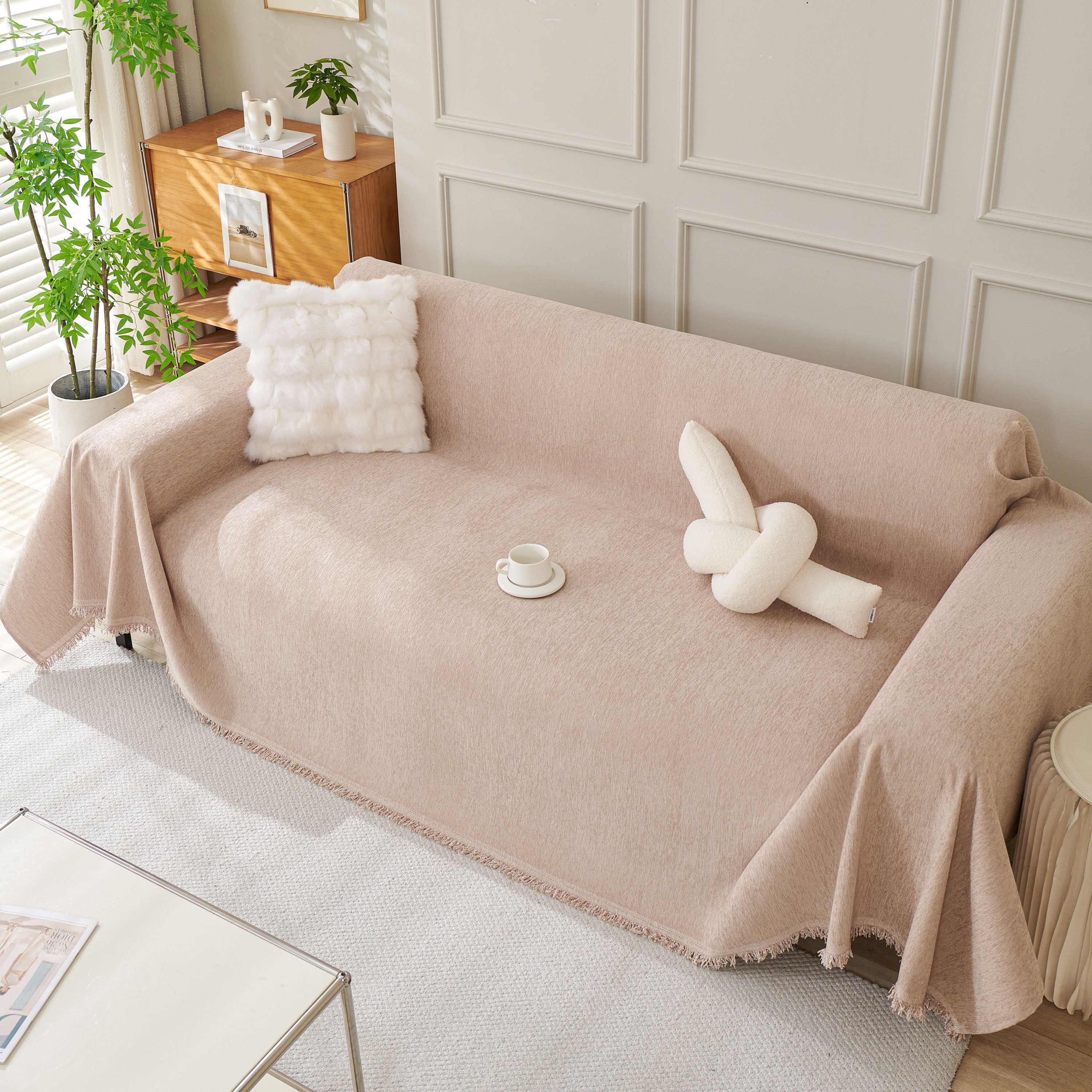 Solid Color Chenille Sofa Throw Blanket, Modern Decor Soft Couch Cover with Fringes